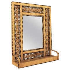 Vintage Rattan and Woven Wicker Mirror Shelf with Filigree Frame, 1960s