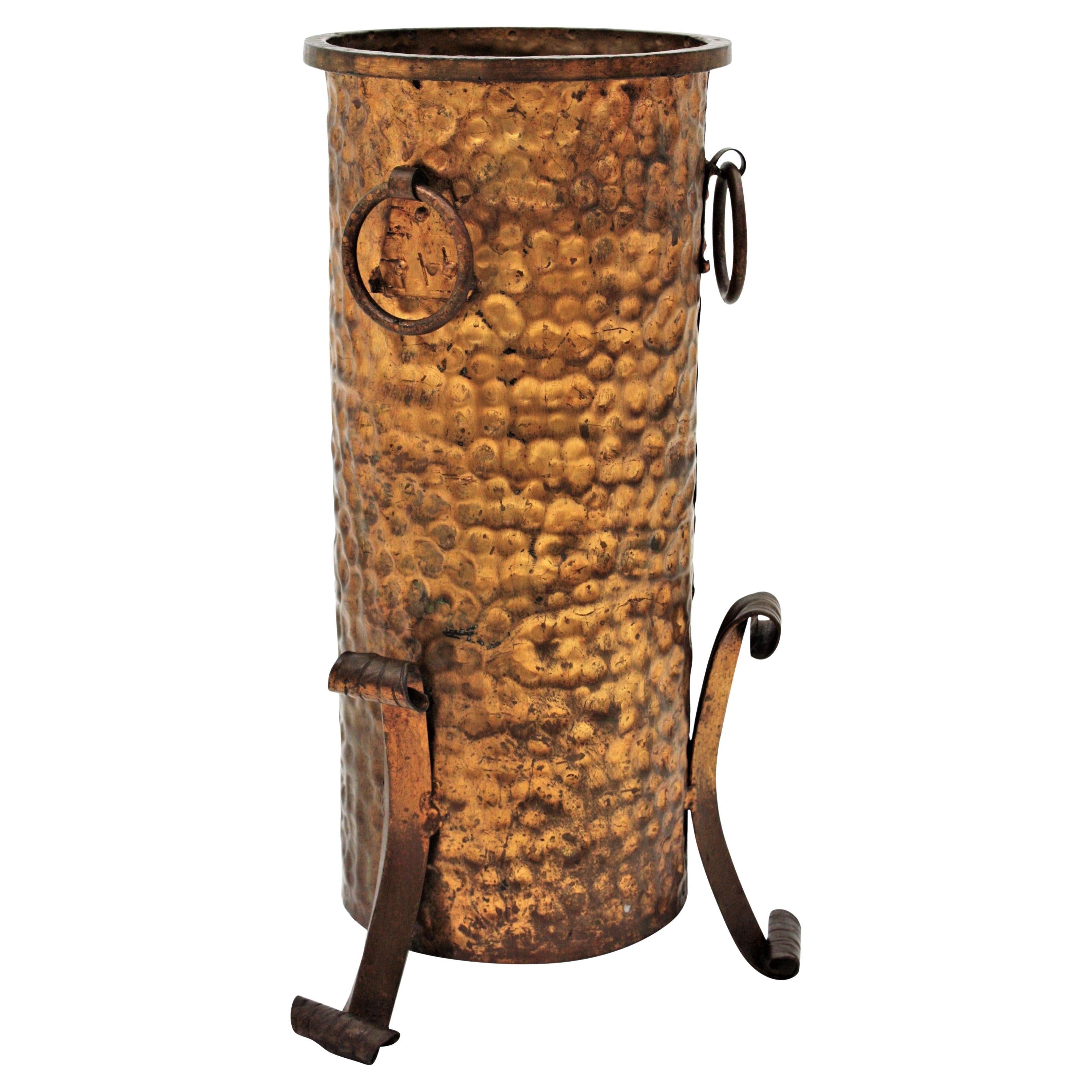 Spanish Wrought Gilt Iron Umbrella Stand / Planter with Ring Detail, 1940s