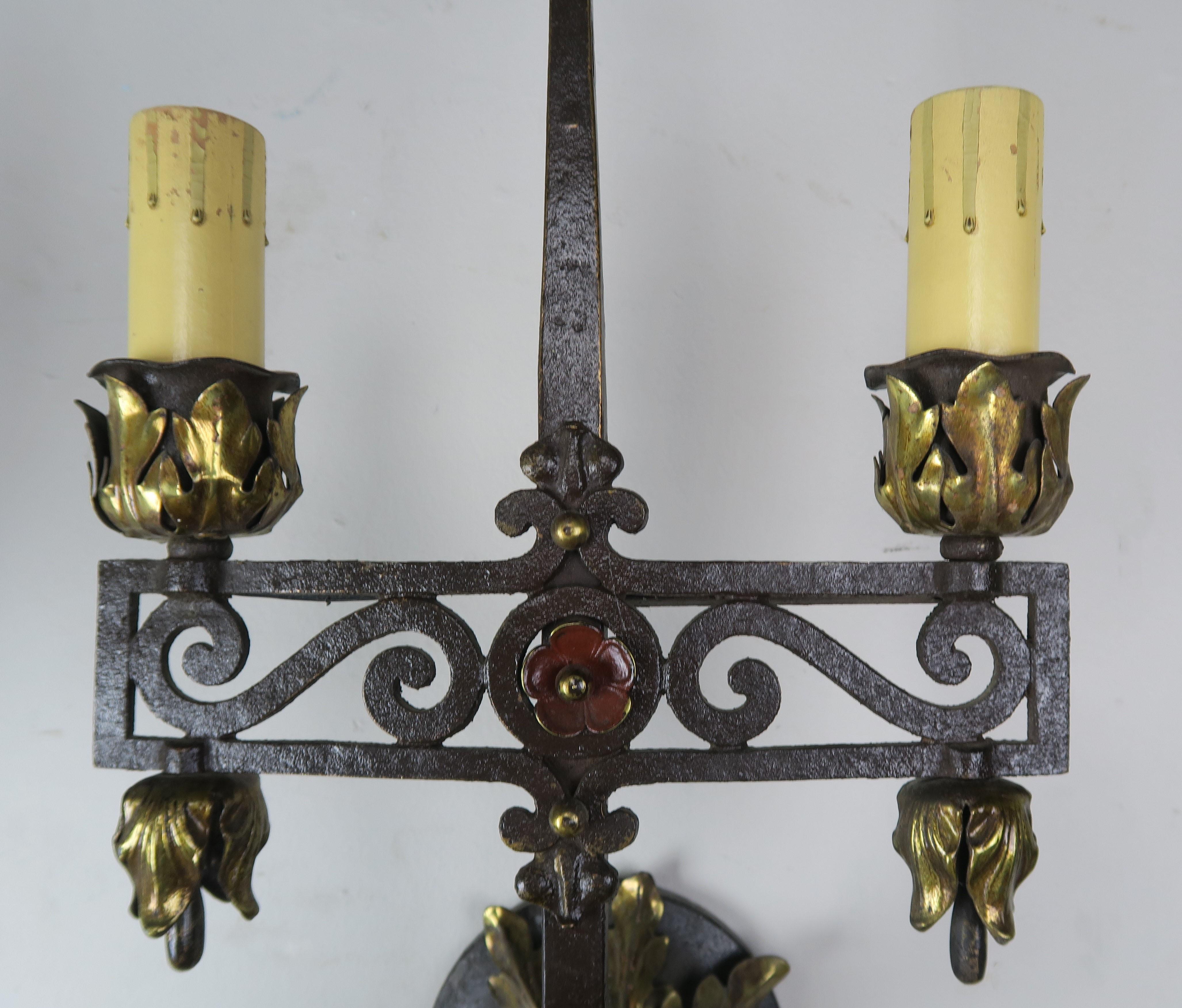 Spanish Wrought Iron 2-Light Sconces, Pair im Zustand „Gut“ in Los Angeles, CA