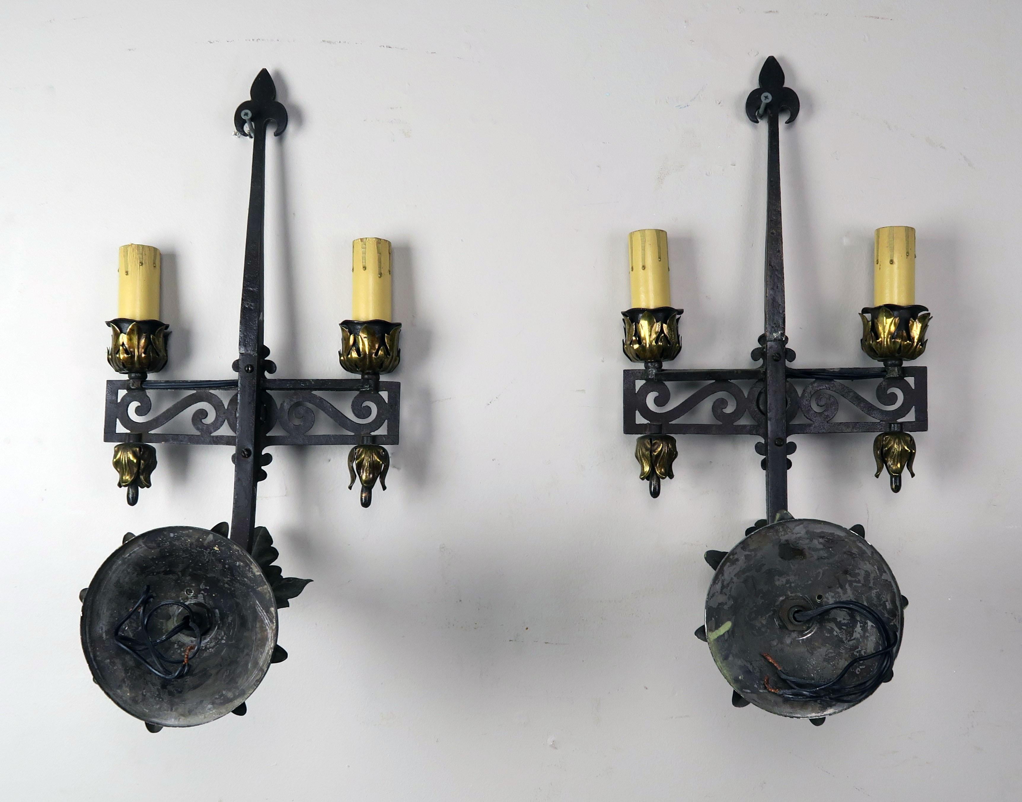 Early 20th Century Spanish Wrought Iron 2-Light Sconces, Pair