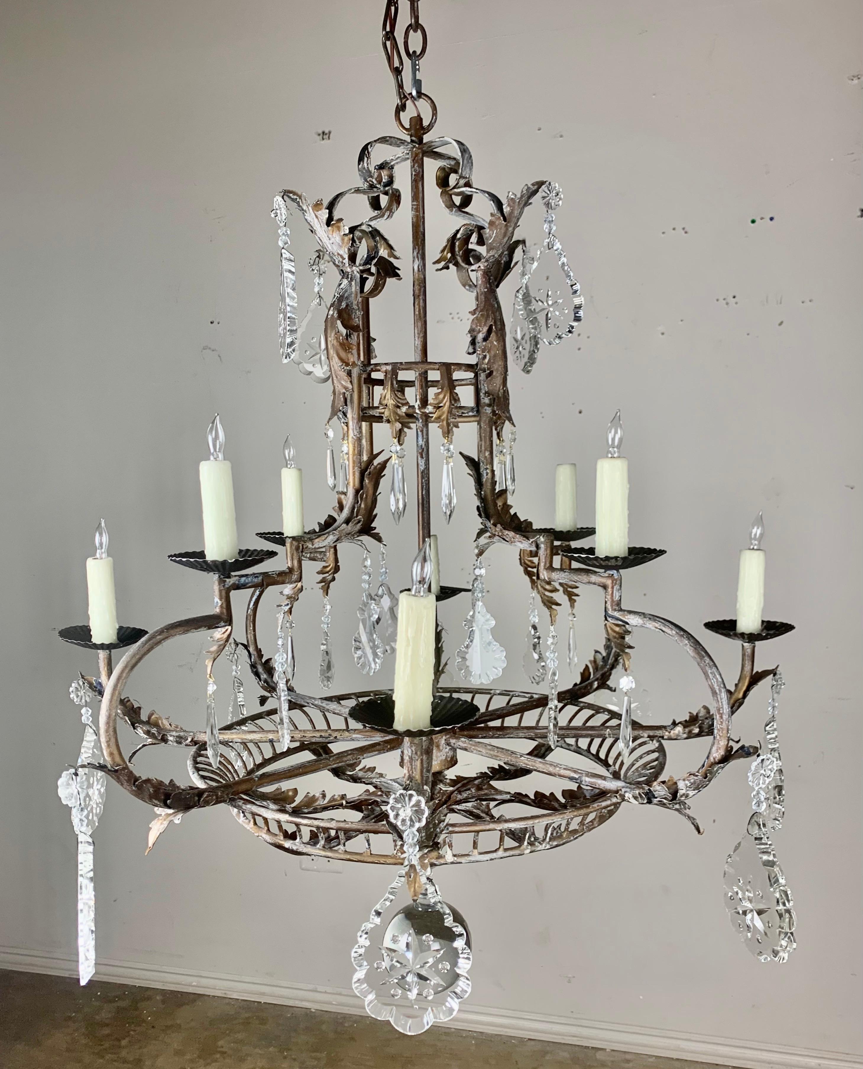 Spanish Wrought Iron and Crystal Chandelier 1930's 2