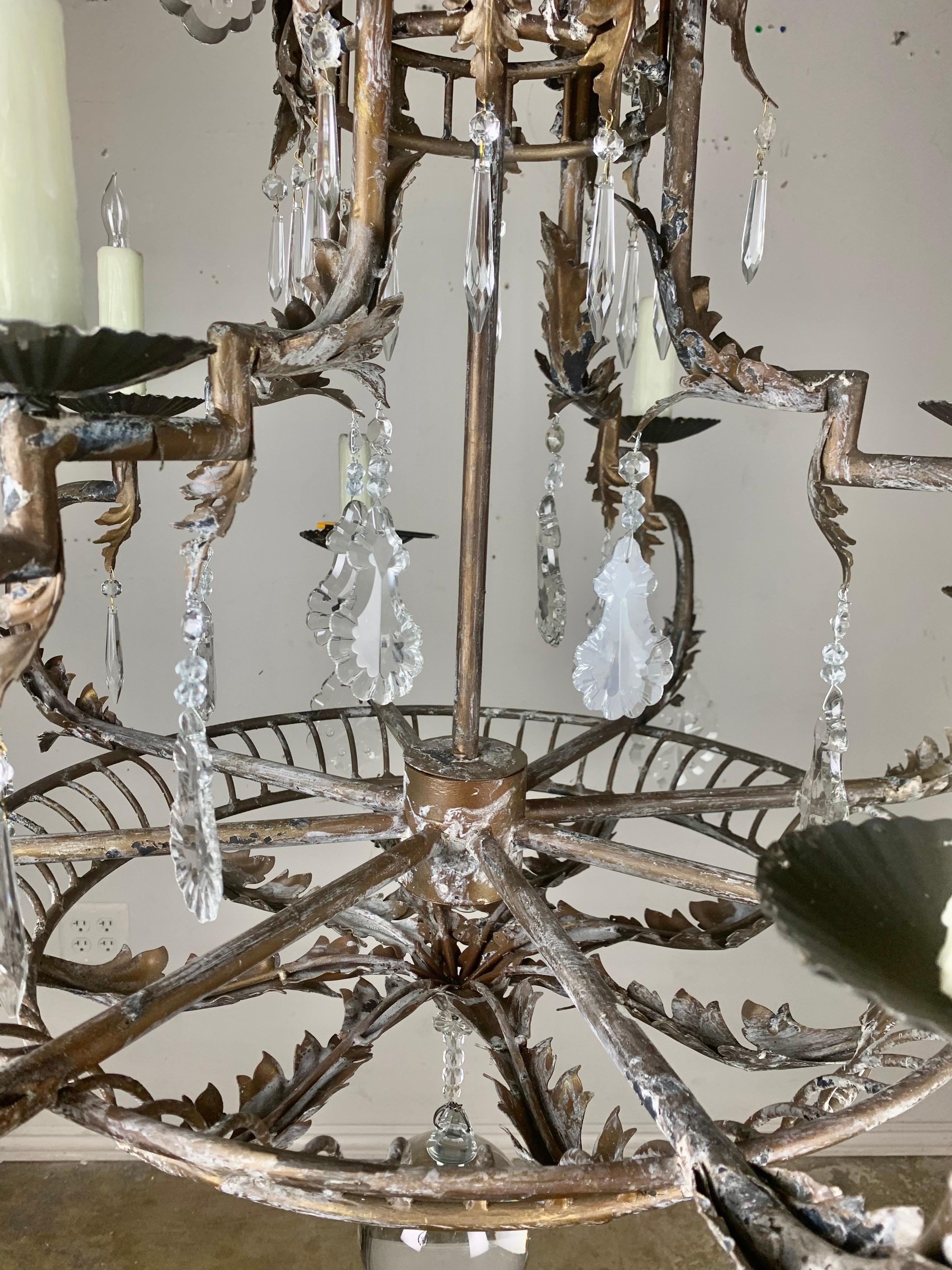 Baroque Spanish Wrought Iron and Crystal Chandelier 1930's