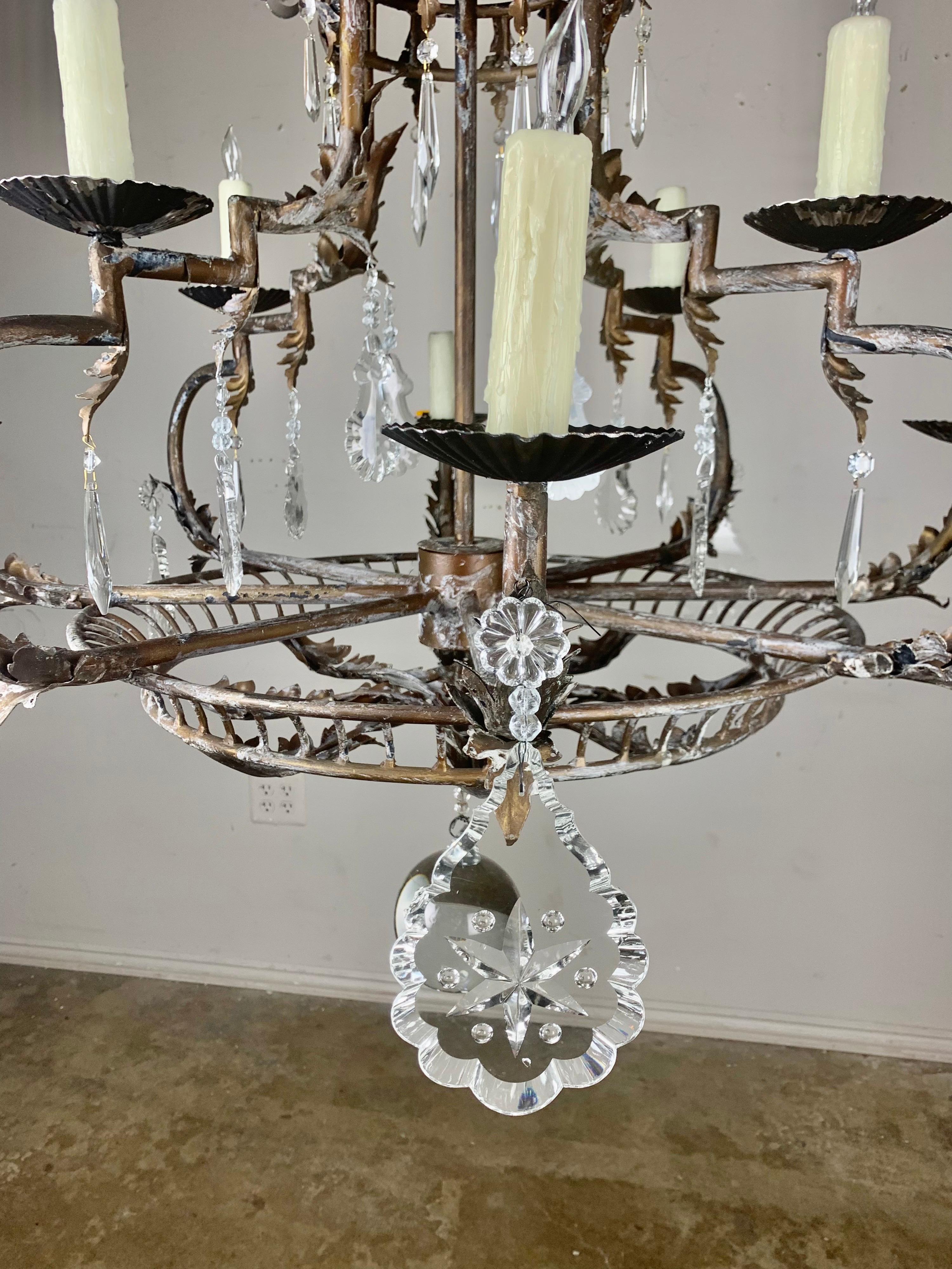 Mid-20th Century Spanish Wrought Iron and Crystal Chandelier 1930's