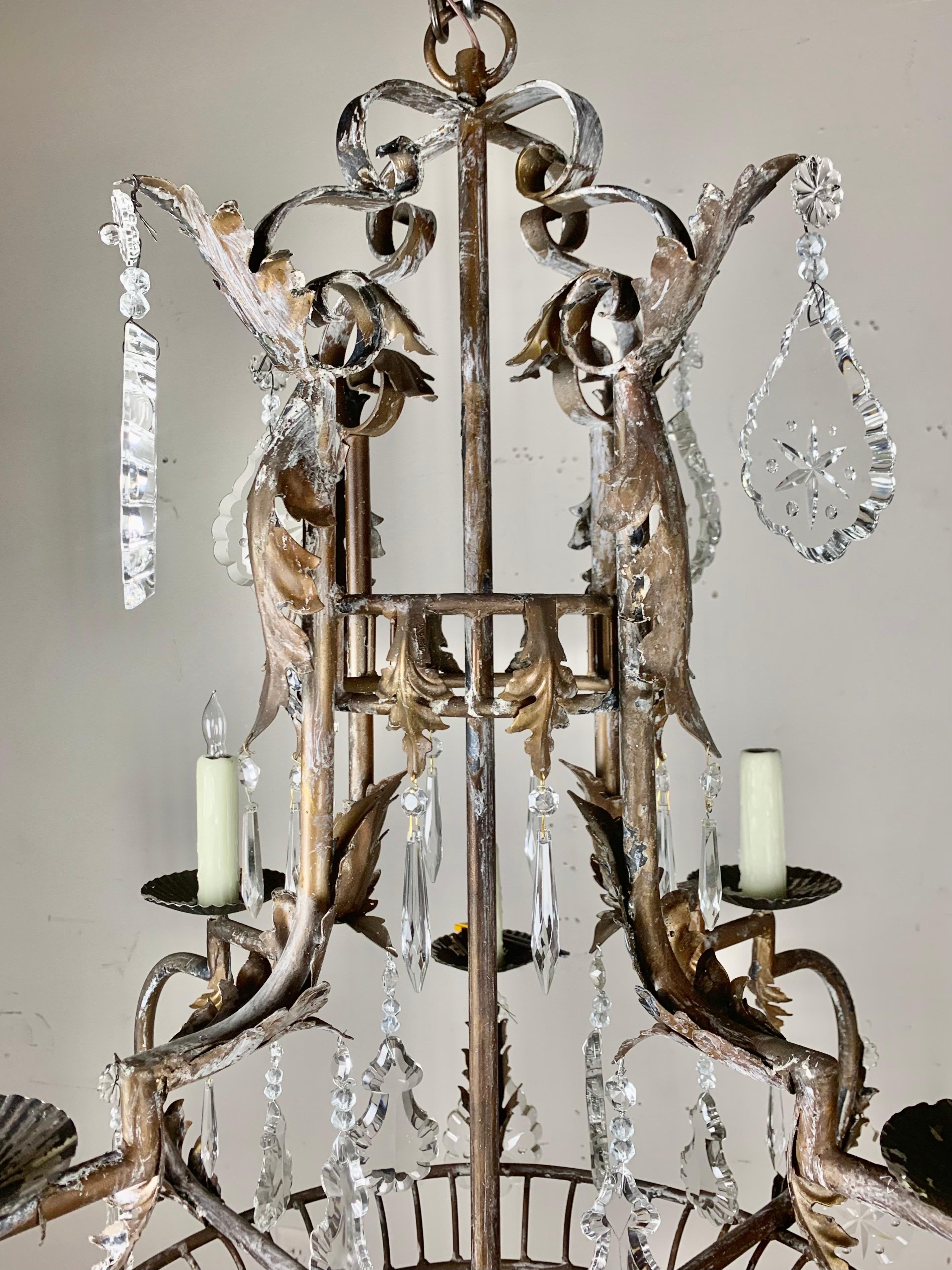 Spanish Wrought Iron and Crystal Chandelier 1930's 1