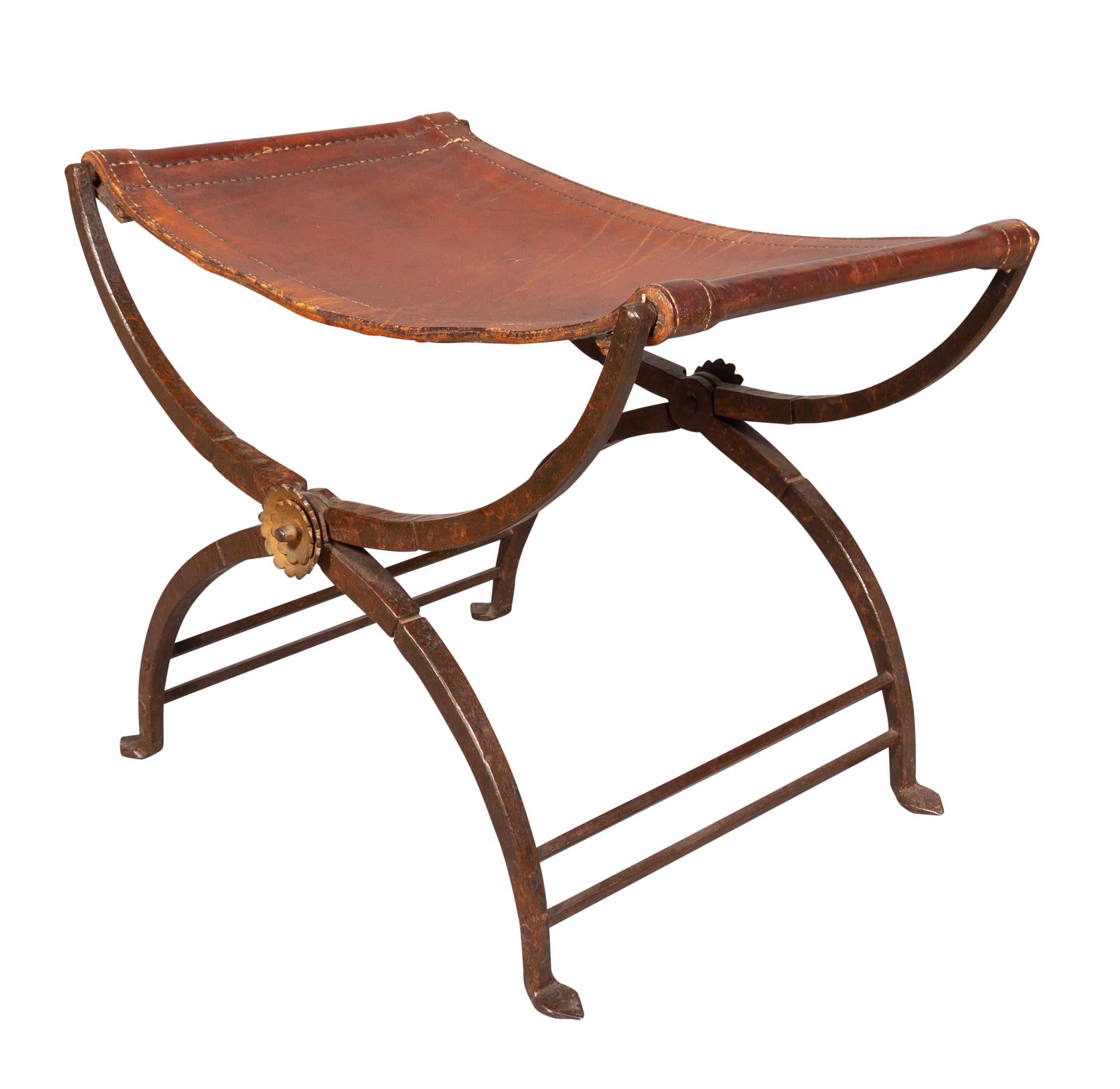Mid-20th Century Spanish Wrought Iron and Leather Bench For Sale
