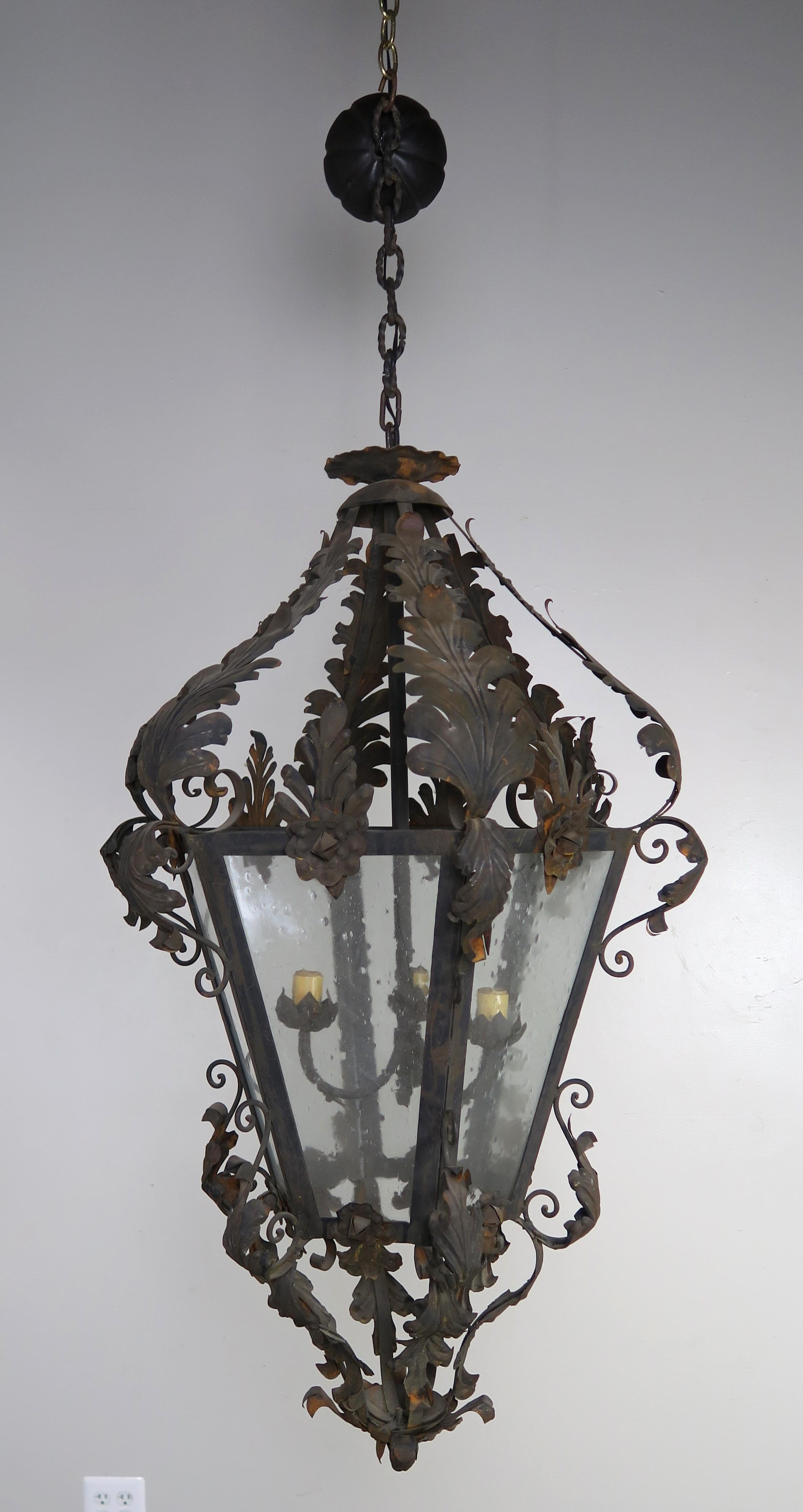 Spanish Wrought Iron and Reeded Glass Lantern, circa 1930s For Sale 8