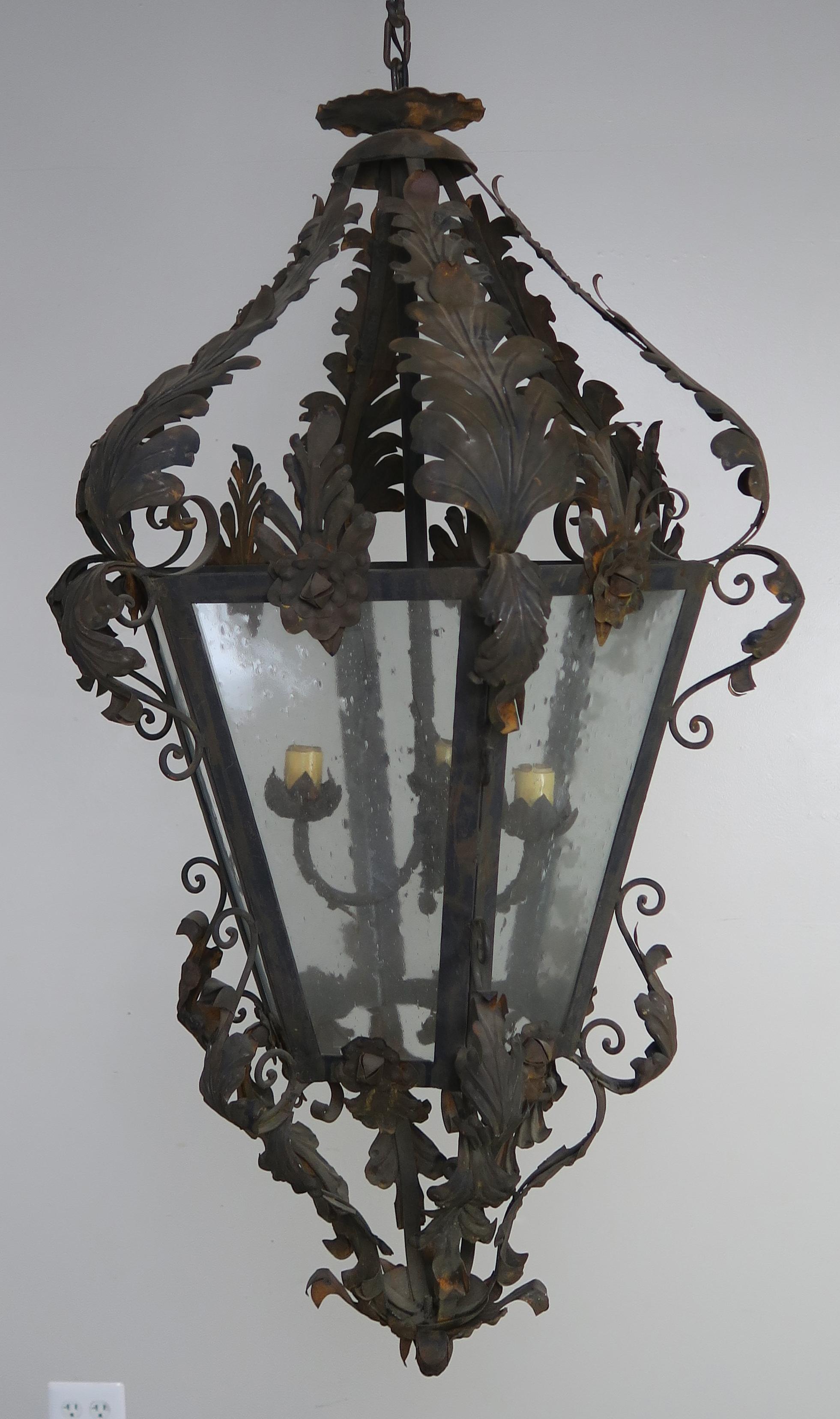 Spanish Colonial Spanish Wrought Iron and Reeded Glass Lantern, circa 1930s For Sale