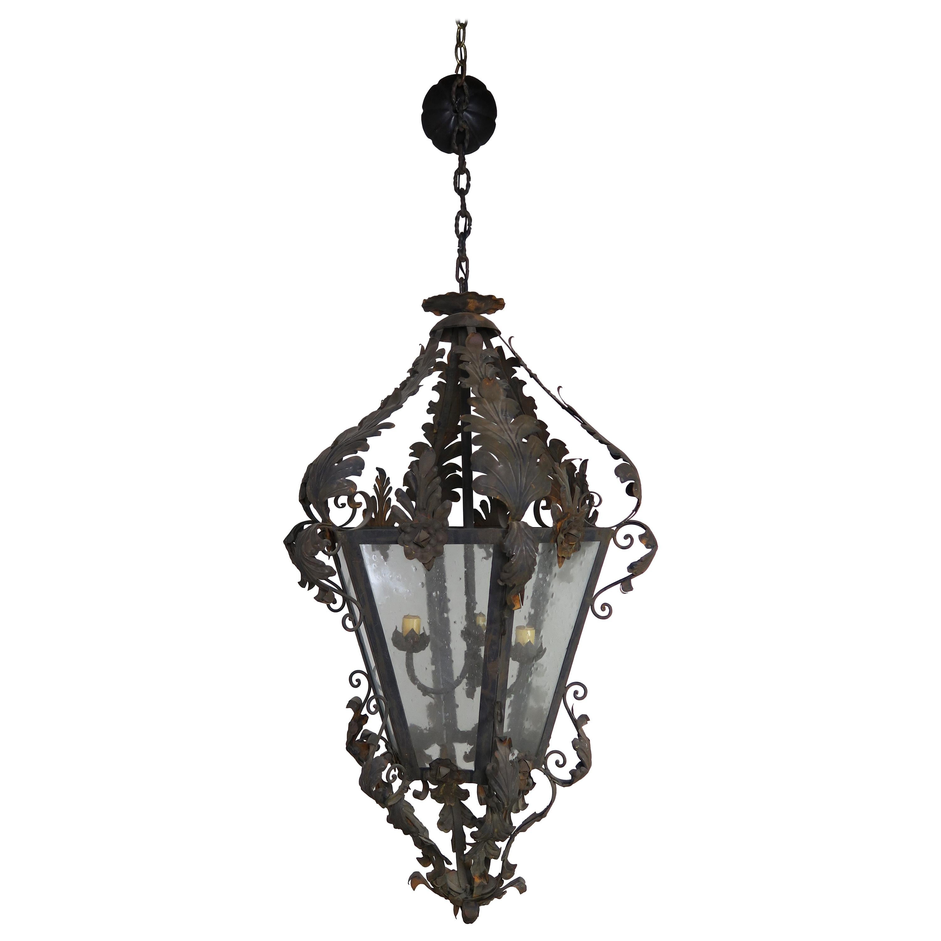 Spanish Wrought Iron and Reeded Glass Lantern, circa 1930s For Sale