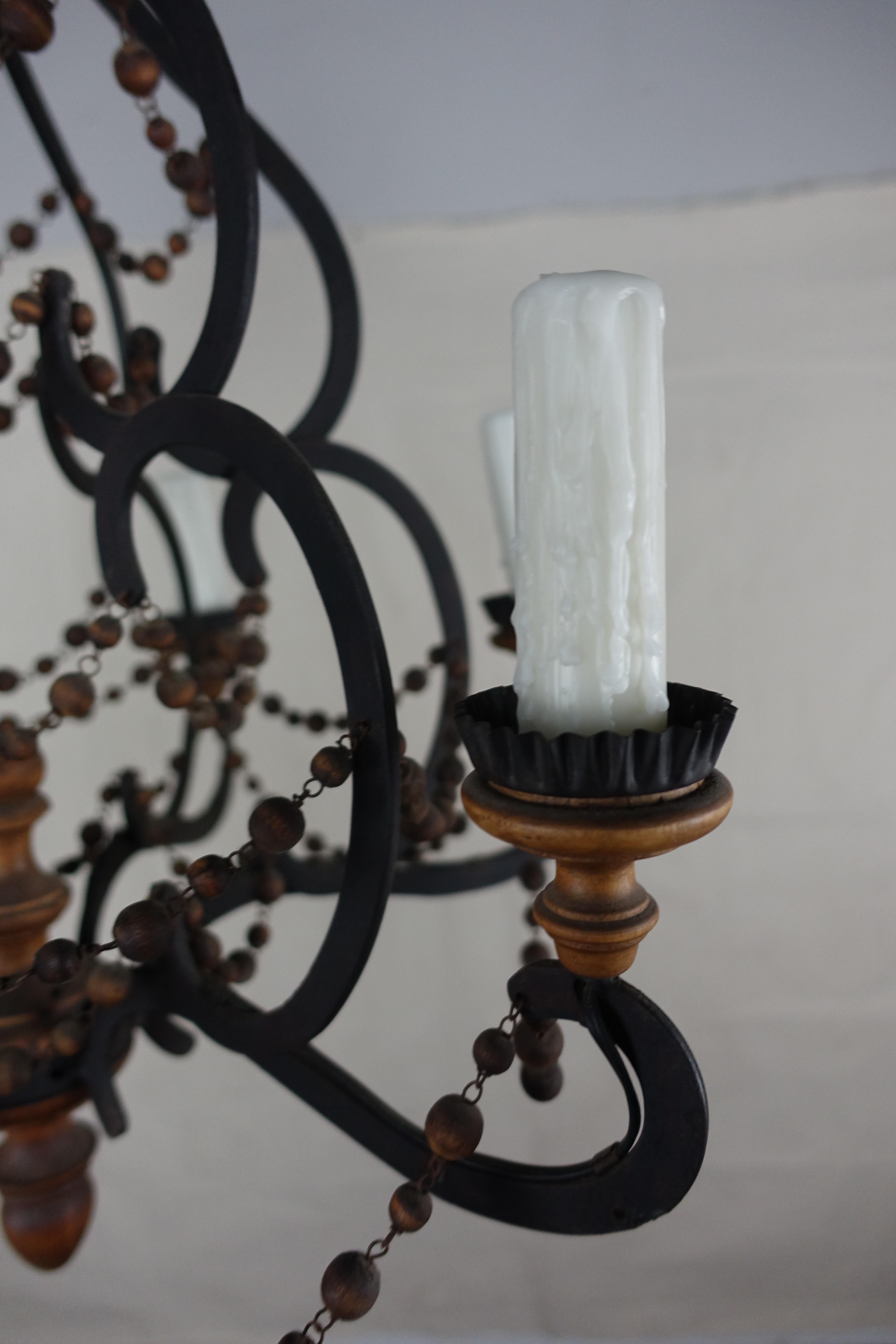 Spanish Colonial Spanish Wrought Iron and Wood Beaded Chandelier