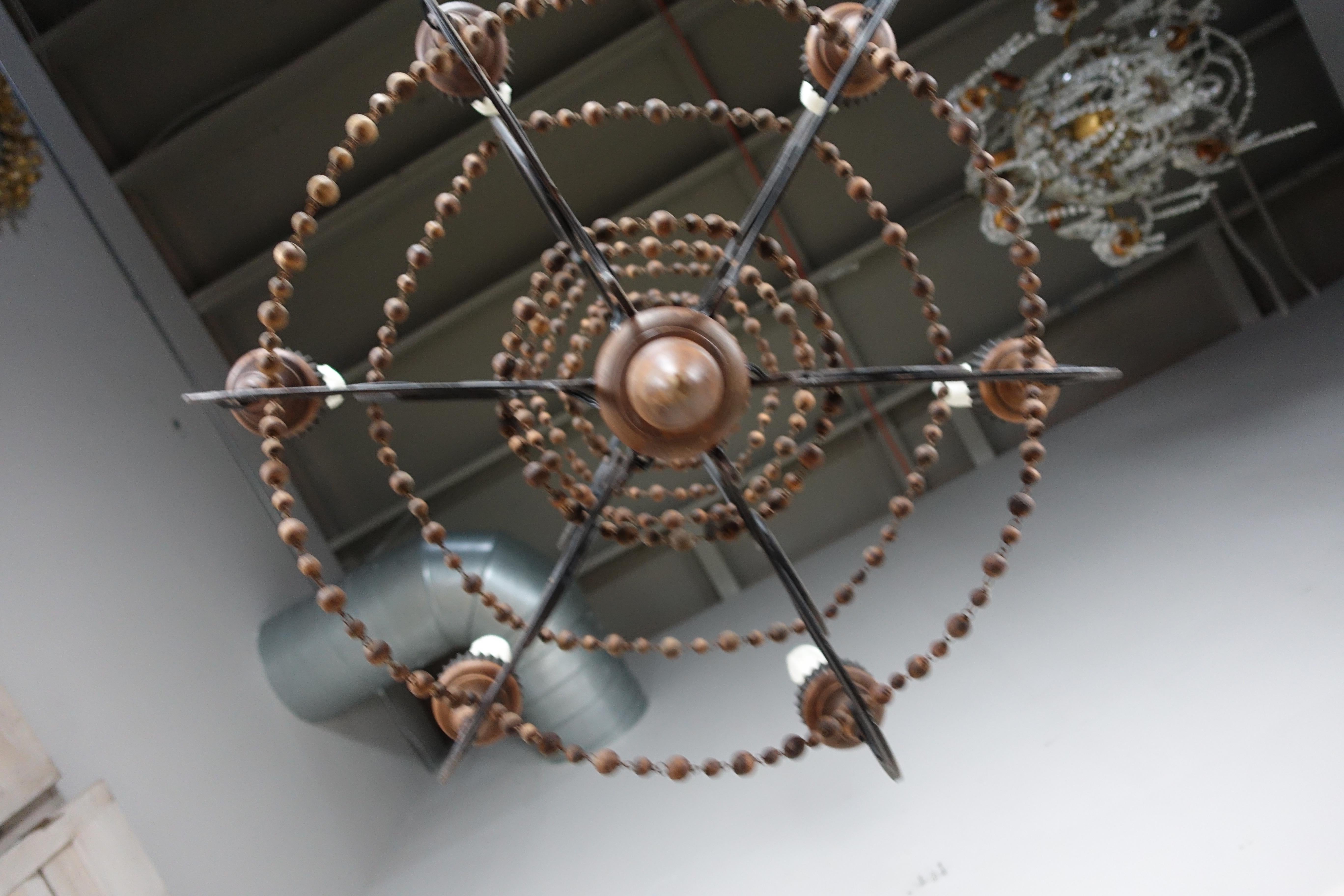 Mid-20th Century Spanish Wrought Iron and Wood Beaded Chandelier