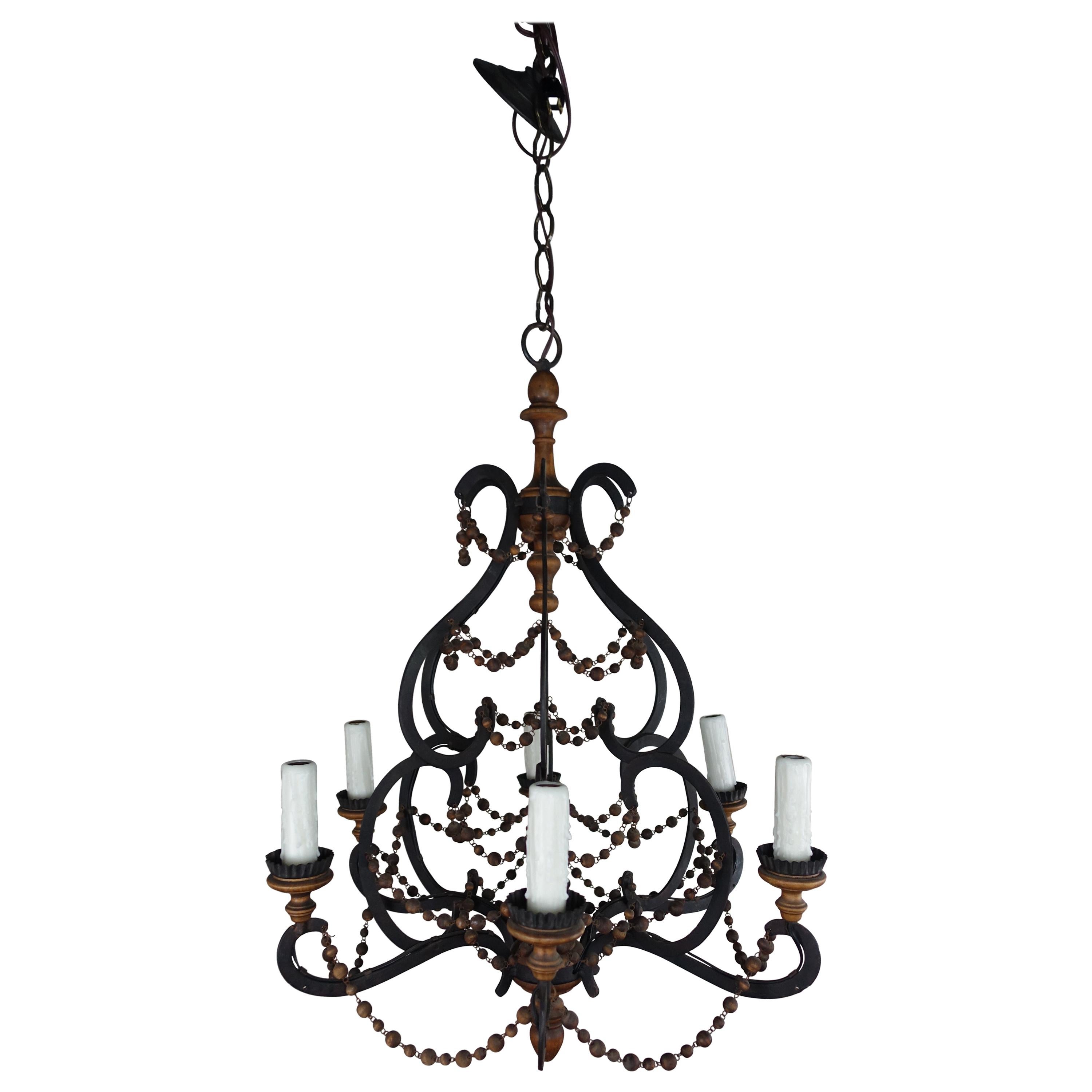 Spanish Wrought Iron and Wood Beaded Chandelier