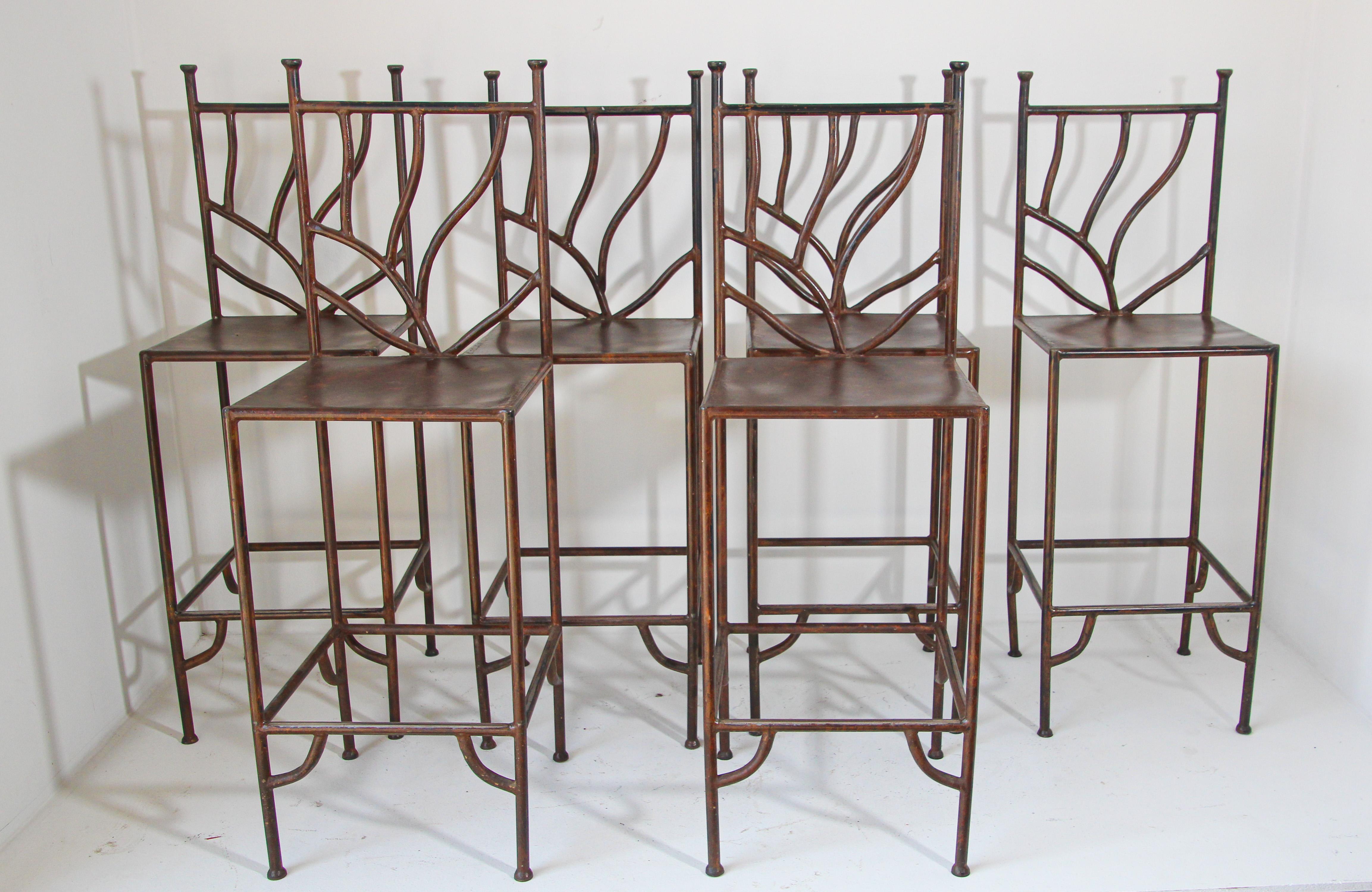Spanish Wrought Iron Barstools with Back Set of Six For Sale 6