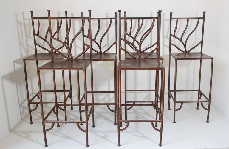 Spanish Wrought Iron Barstools with Back Set of Six For Sale 7