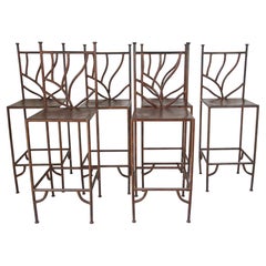 Set of Six Spanish Revival Hand-Forged Wrought-Iron Barstools, Mexico, circa 199