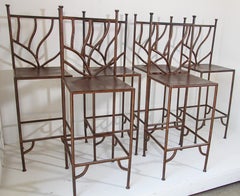 Spanish Wrought Iron Barstools with Back Set of Six