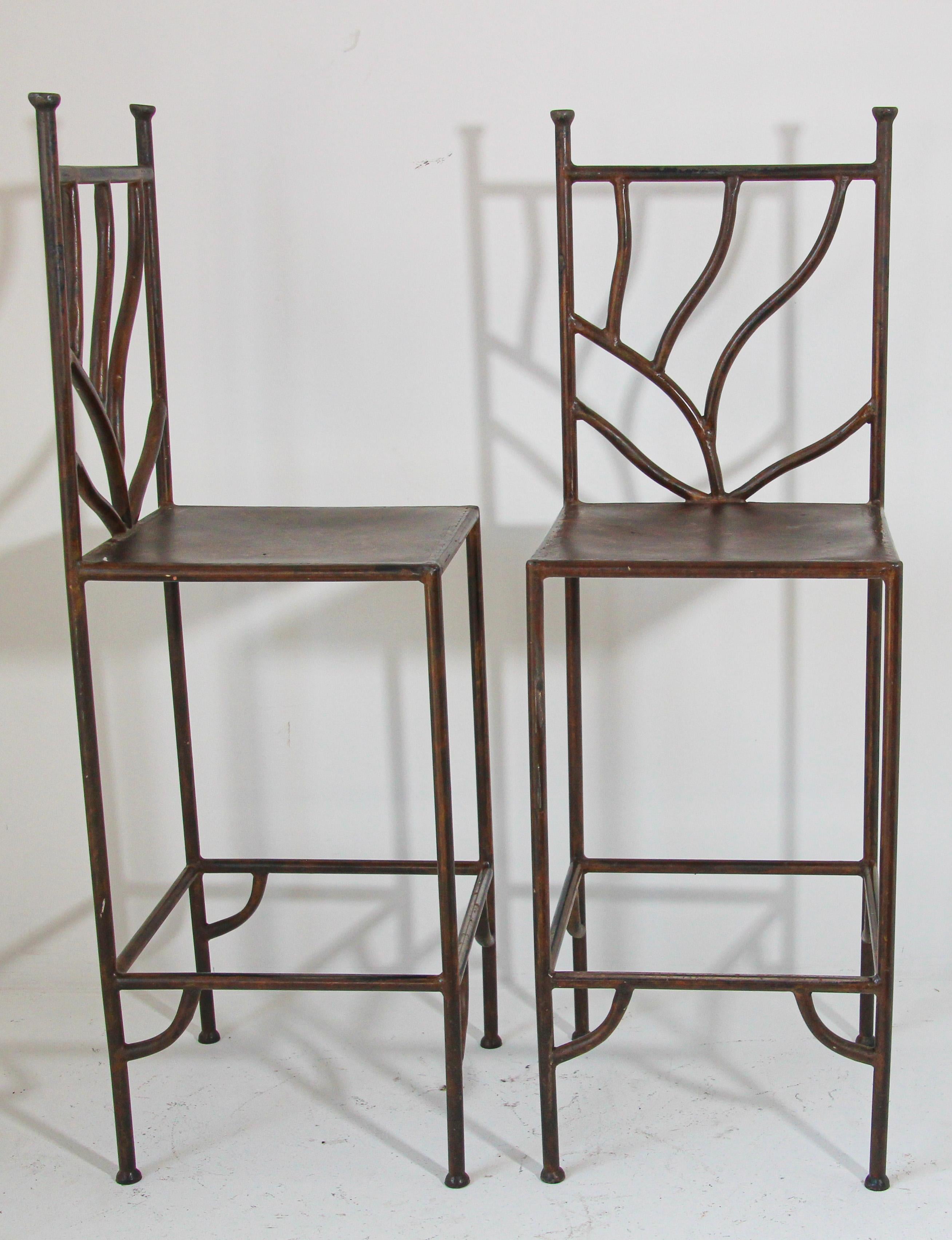 Spanish Colonial Spanish Wrought Iron Barstools with Back Set of Six For Sale