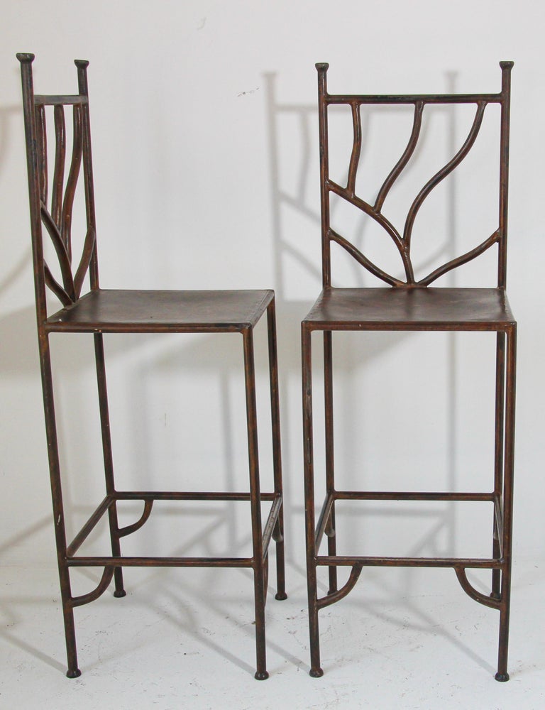 Mexican Spanish Wrought Iron Barstools with Back Set of Six For Sale