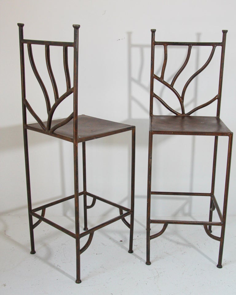Forged Spanish Wrought Iron Barstools with Back Set of Six For Sale