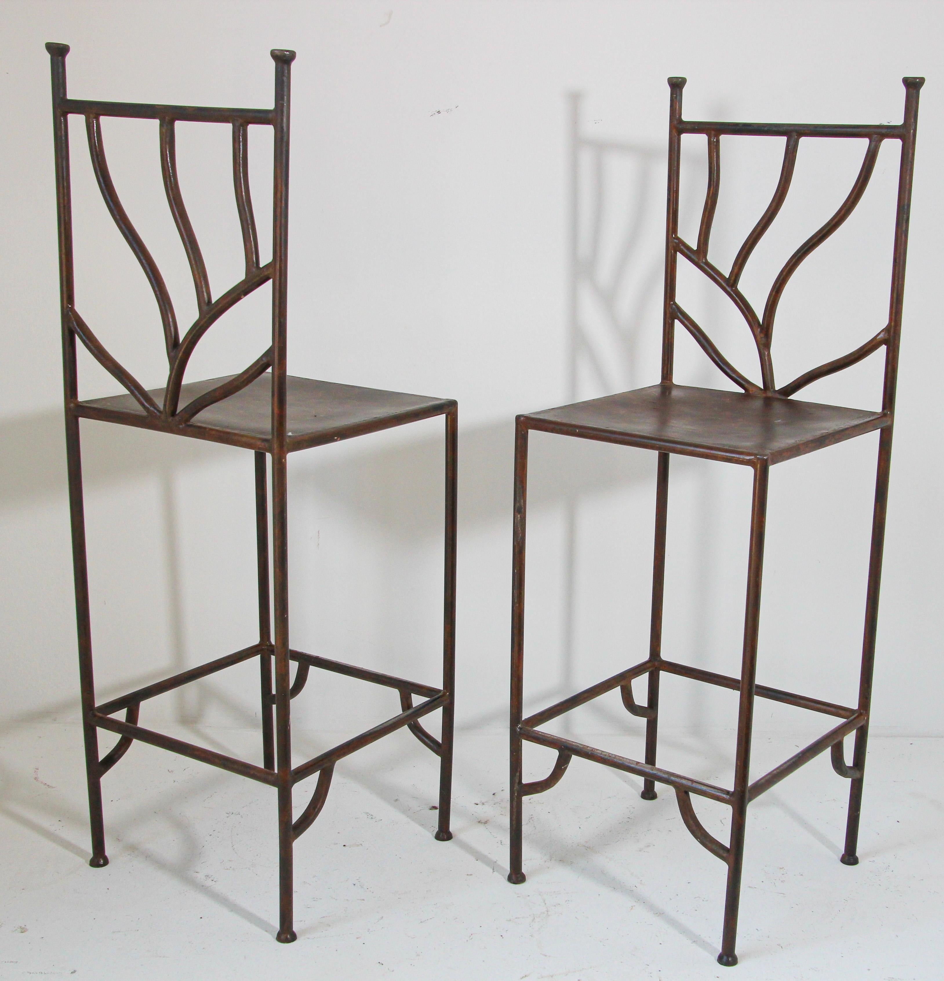 Spanish Wrought Iron Barstools with Back Set of Six In Good Condition For Sale In North Hollywood, CA