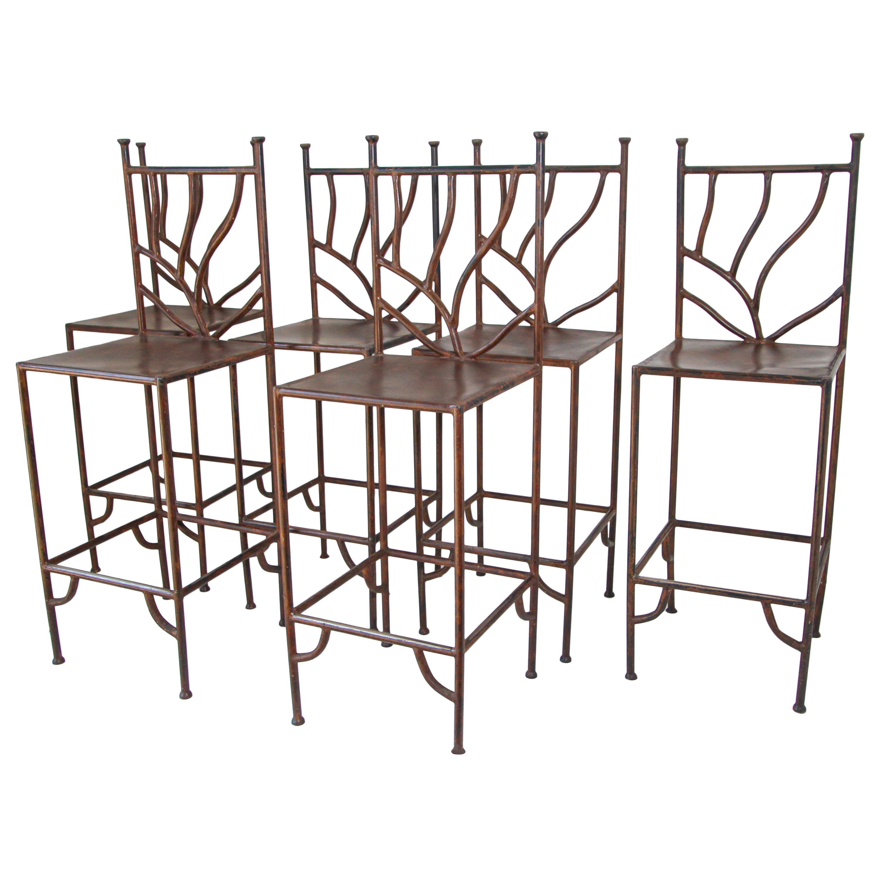 Spanish Wrought Iron Barstools with Back Set of Six