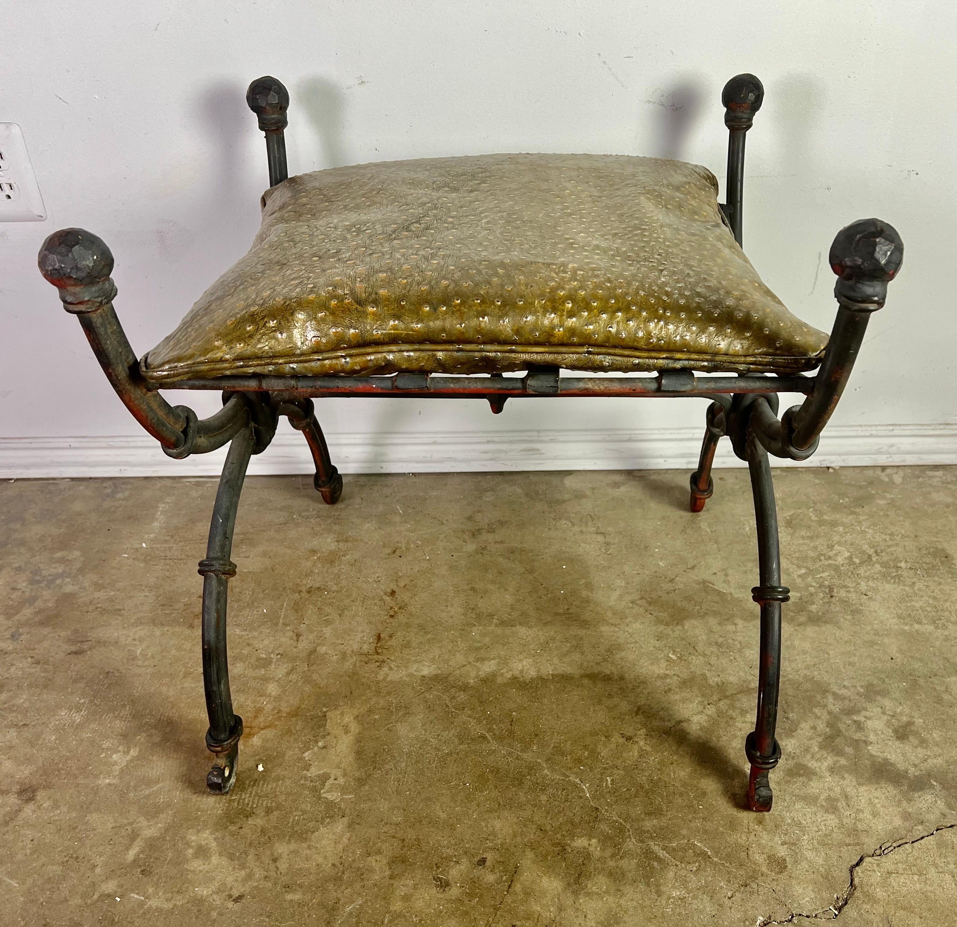 Baroque Spanish Wrought Iron Bench W/ Embossed Leather Cushion For Sale