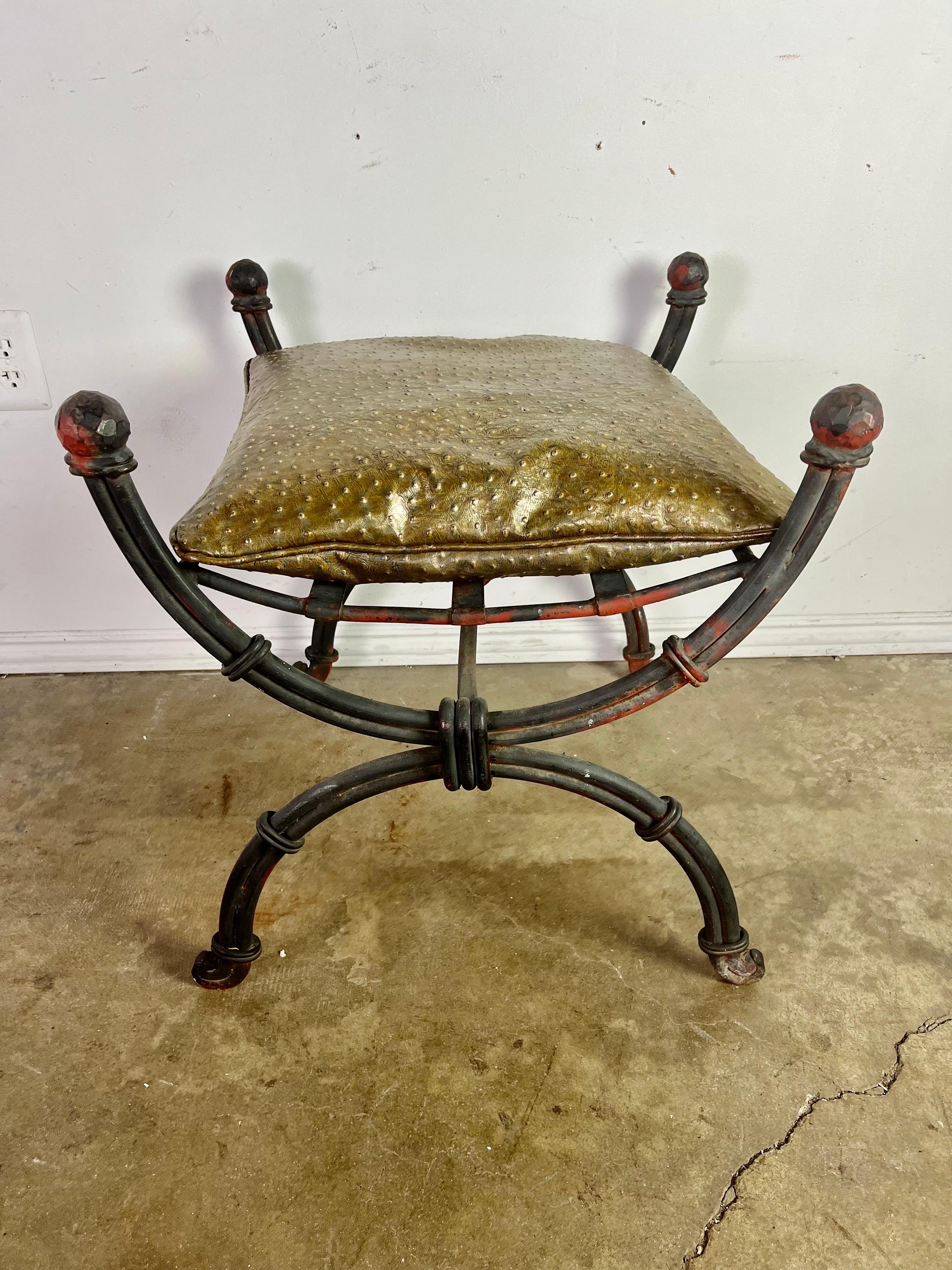 Spanish Wrought Iron Bench W/ Embossed Leather Cushion In Distressed Condition For Sale In Los Angeles, CA
