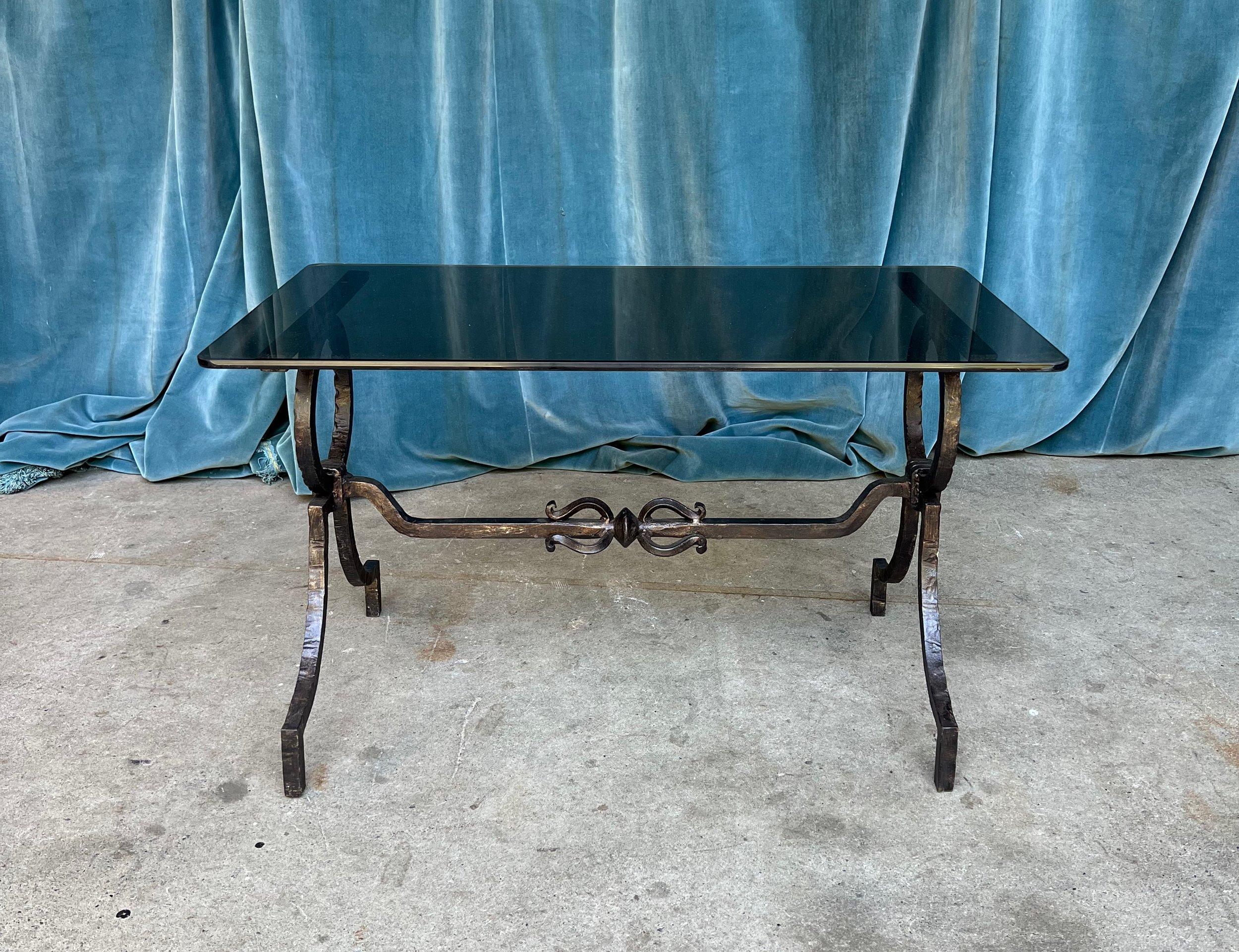 Spanish Wrought Iron Coffee Table with Grey Glass Top For Sale 7