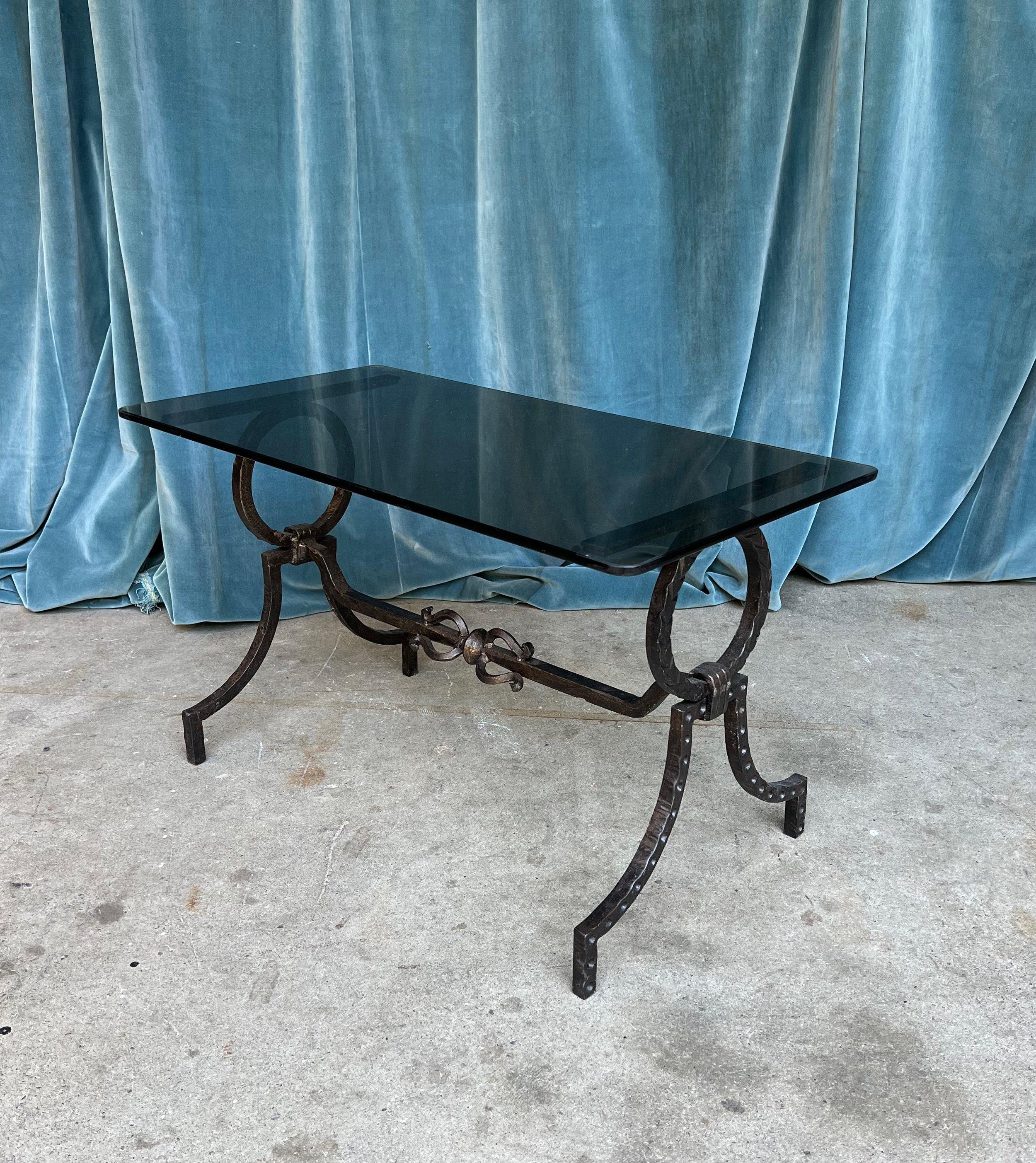 Spanish Wrought Iron Coffee Table with Grey Glass Top In Good Condition For Sale In Buchanan, NY