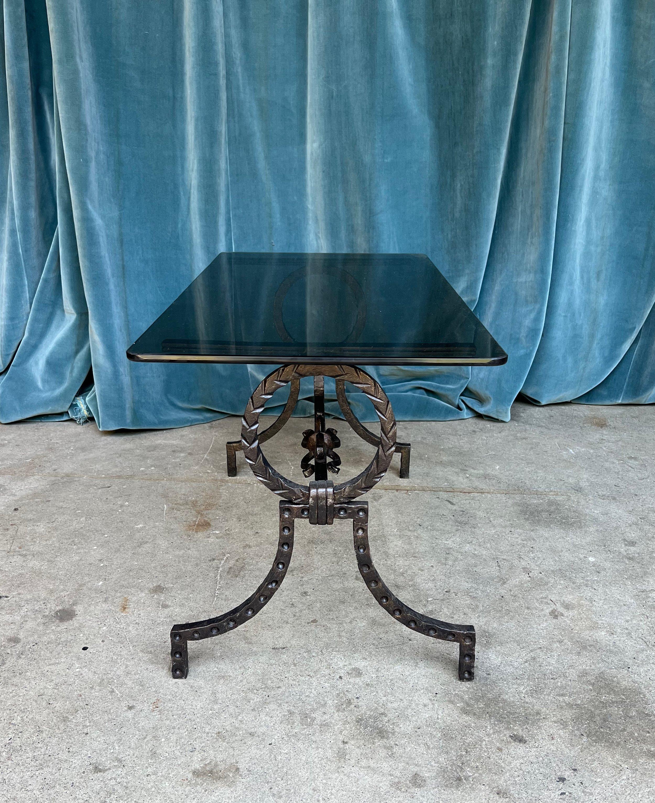 Spanish Wrought Iron Coffee Table with Grey Glass Top For Sale 2