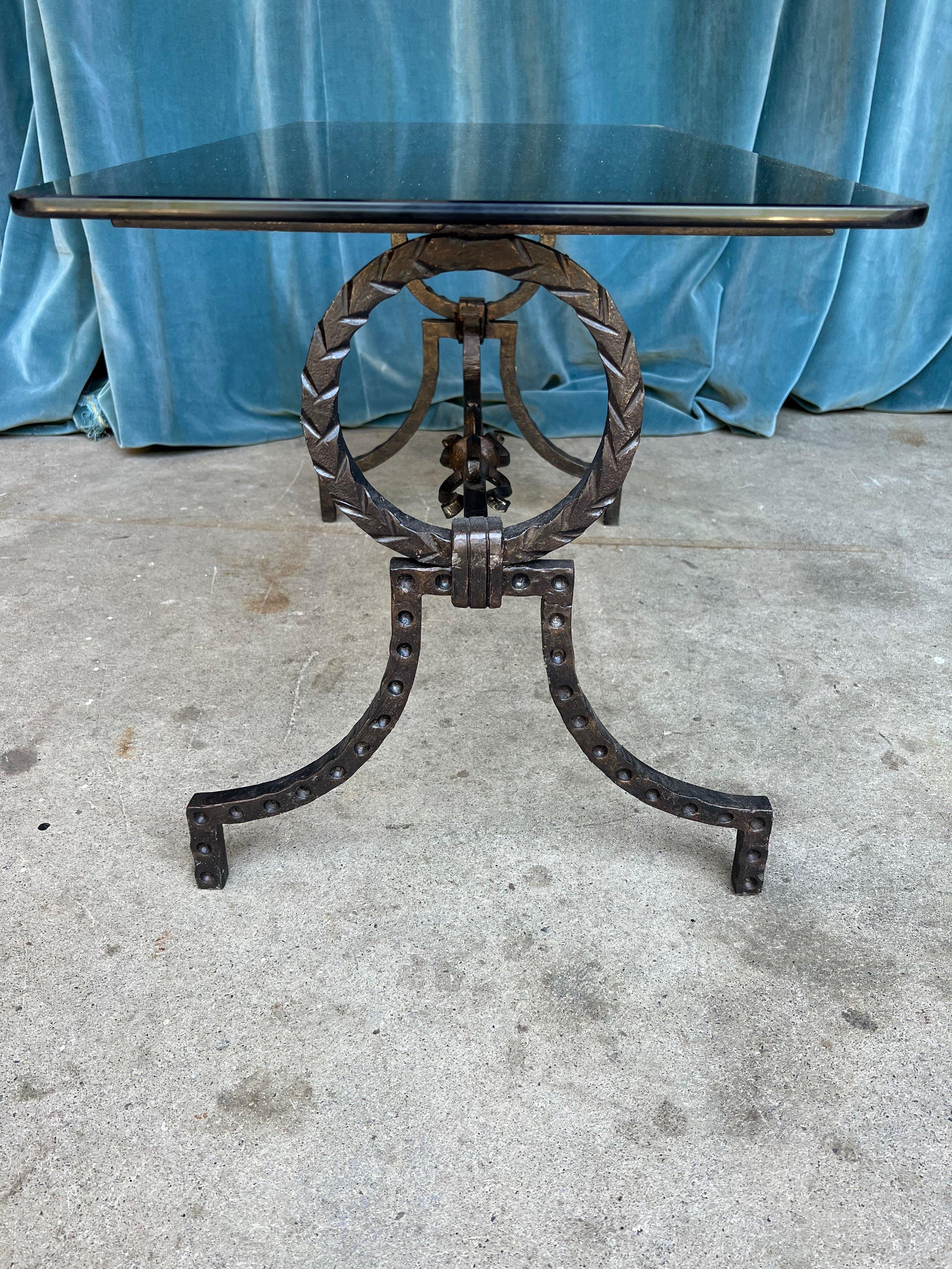 Spanish Wrought Iron Coffee Table with Grey Glass Top For Sale 3