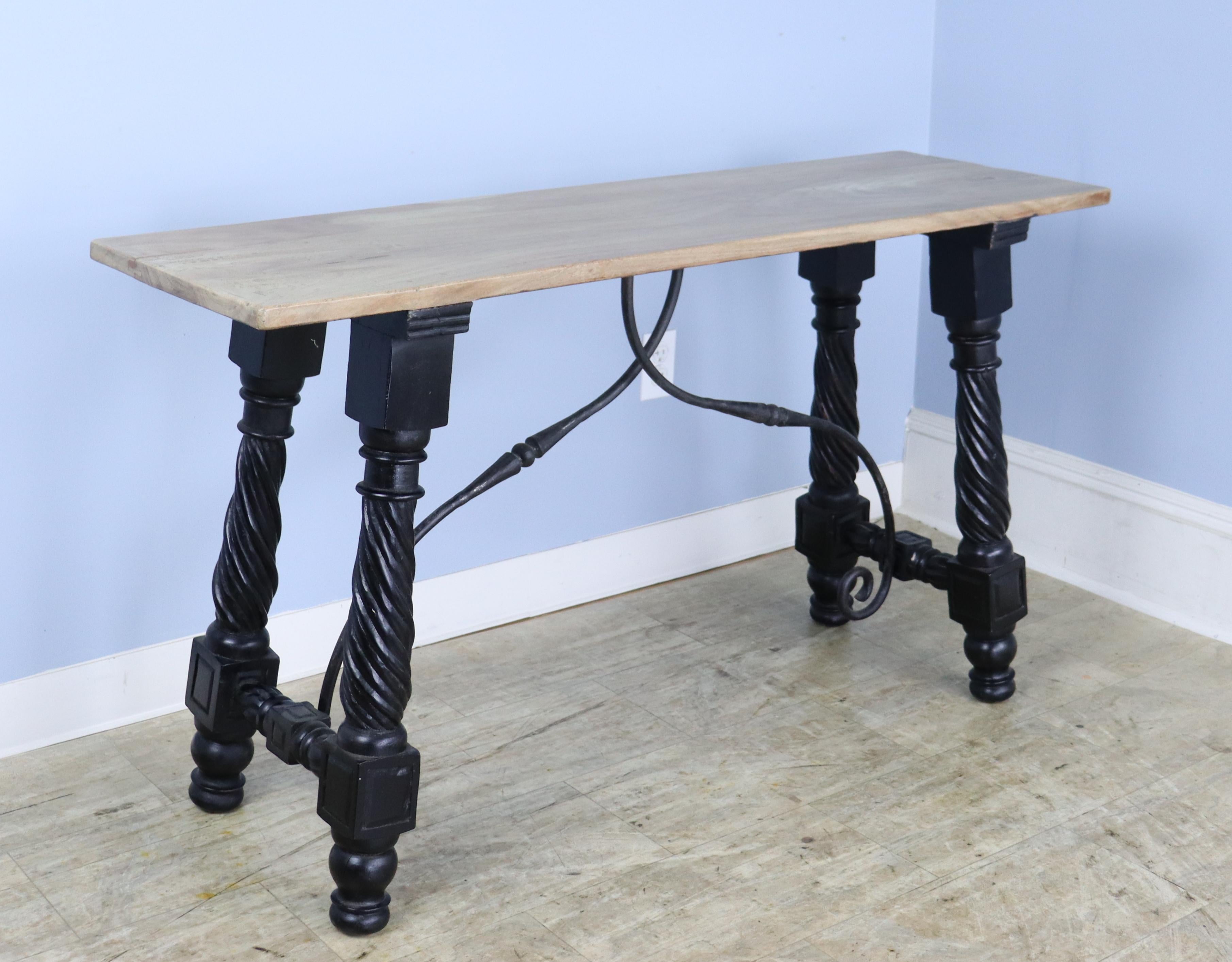 Spanish Wrought Iron Console with Oak Top In Good Condition For Sale In Port Chester, NY