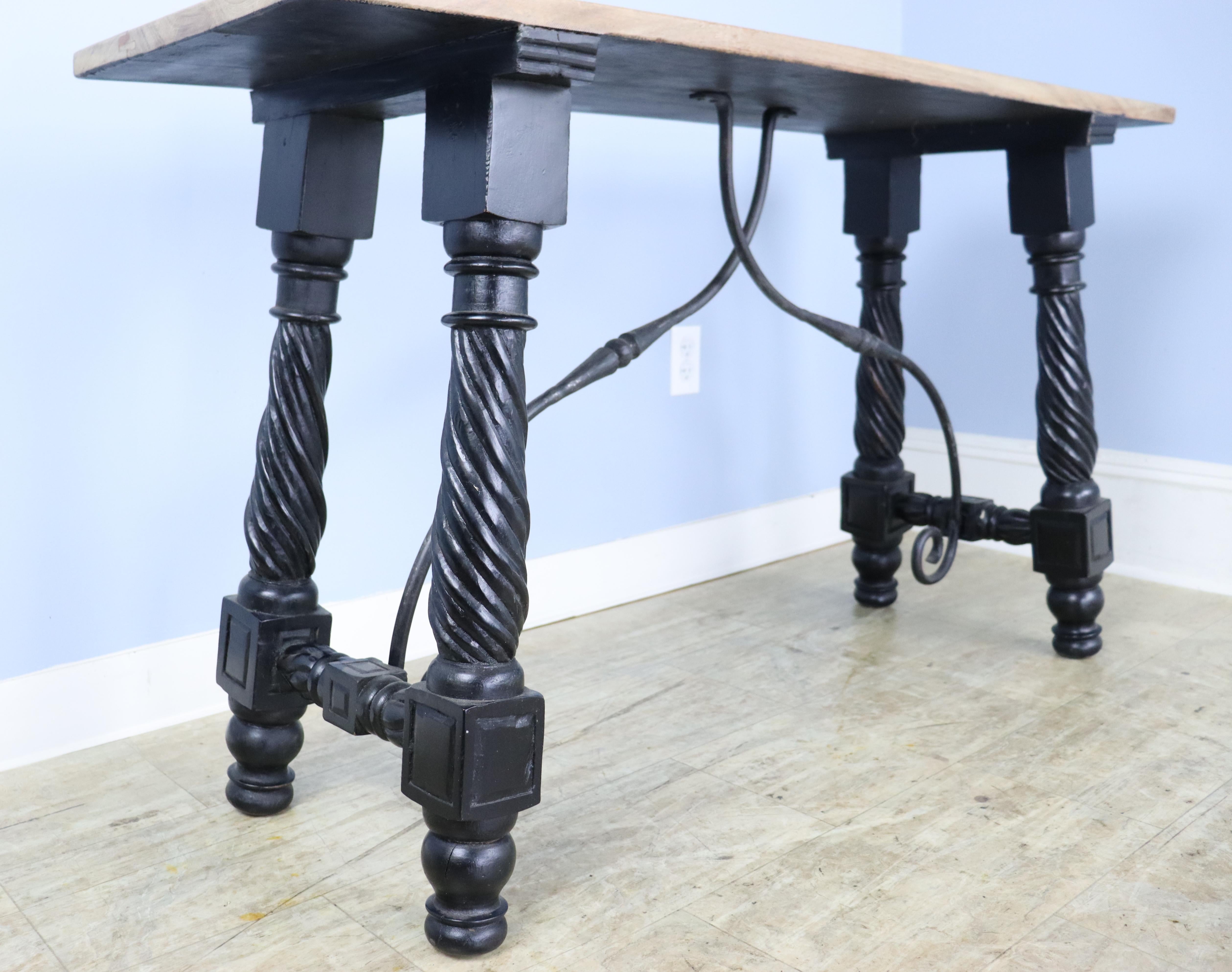 20th Century Spanish Wrought Iron Console with Oak Top For Sale