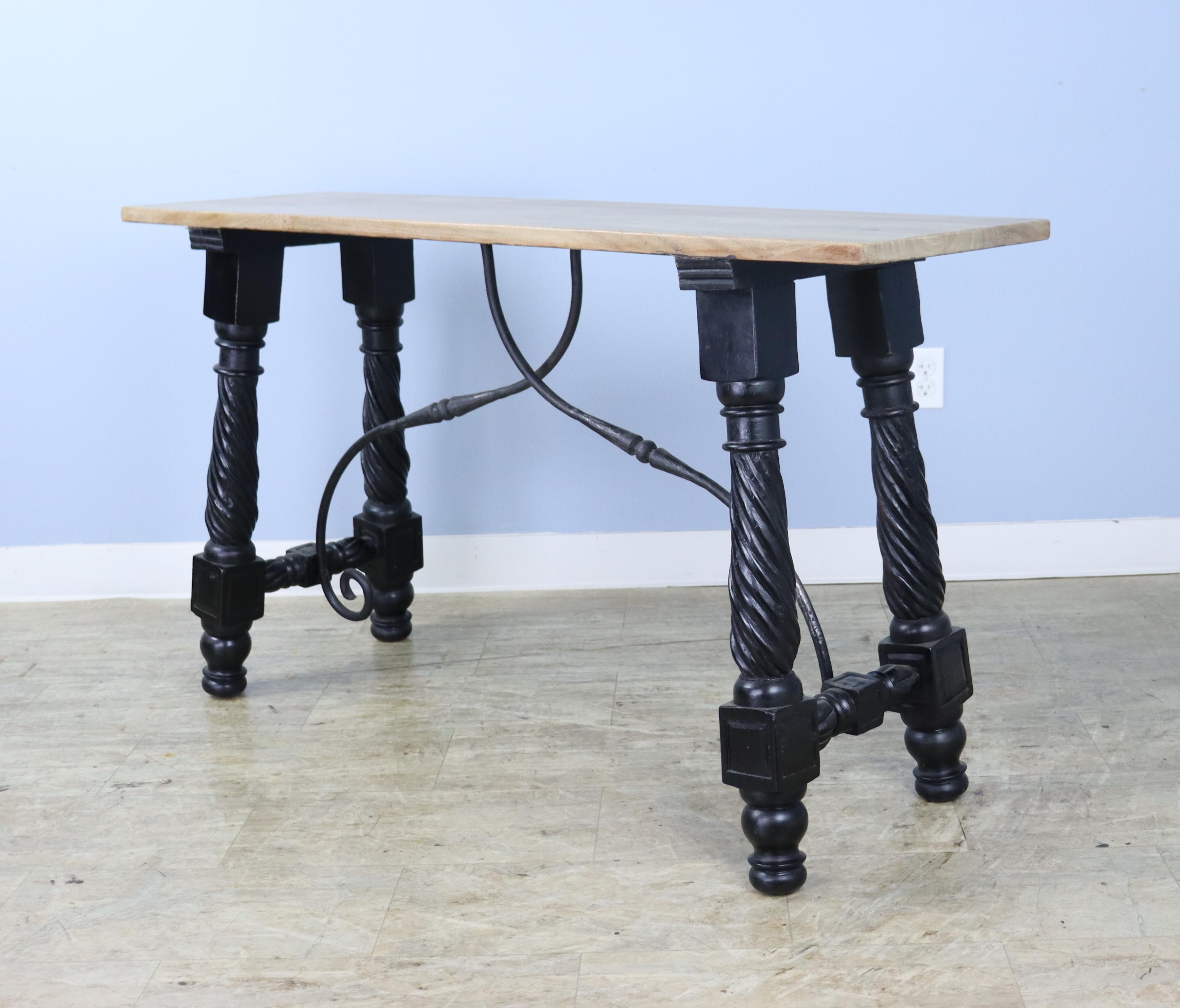 Spanish Wrought Iron Console with Oak Top For Sale 1