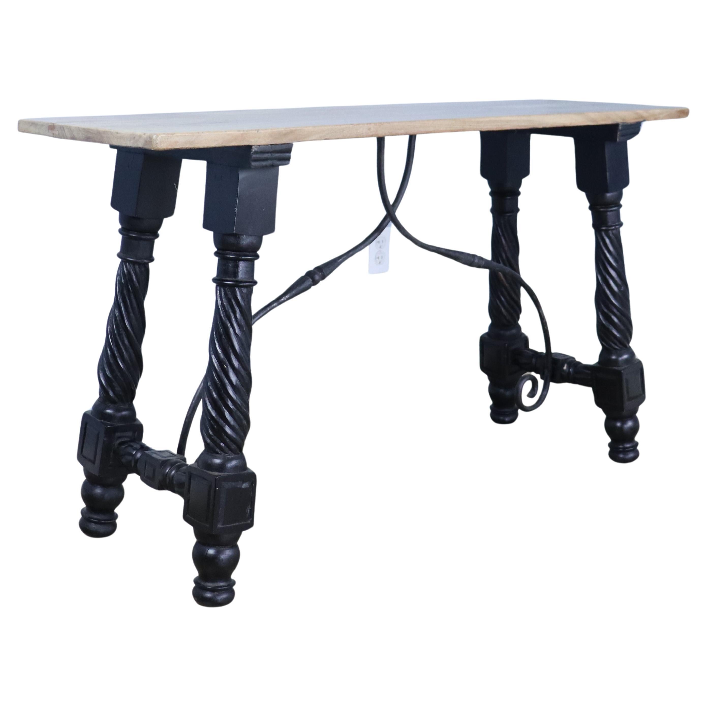 Spanish Wrought Iron Console with Oak Top For Sale