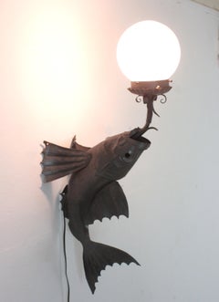 Spanish Wrought Iron Fish Shaped Wall Light with Frosted Glass Globe, 1950s