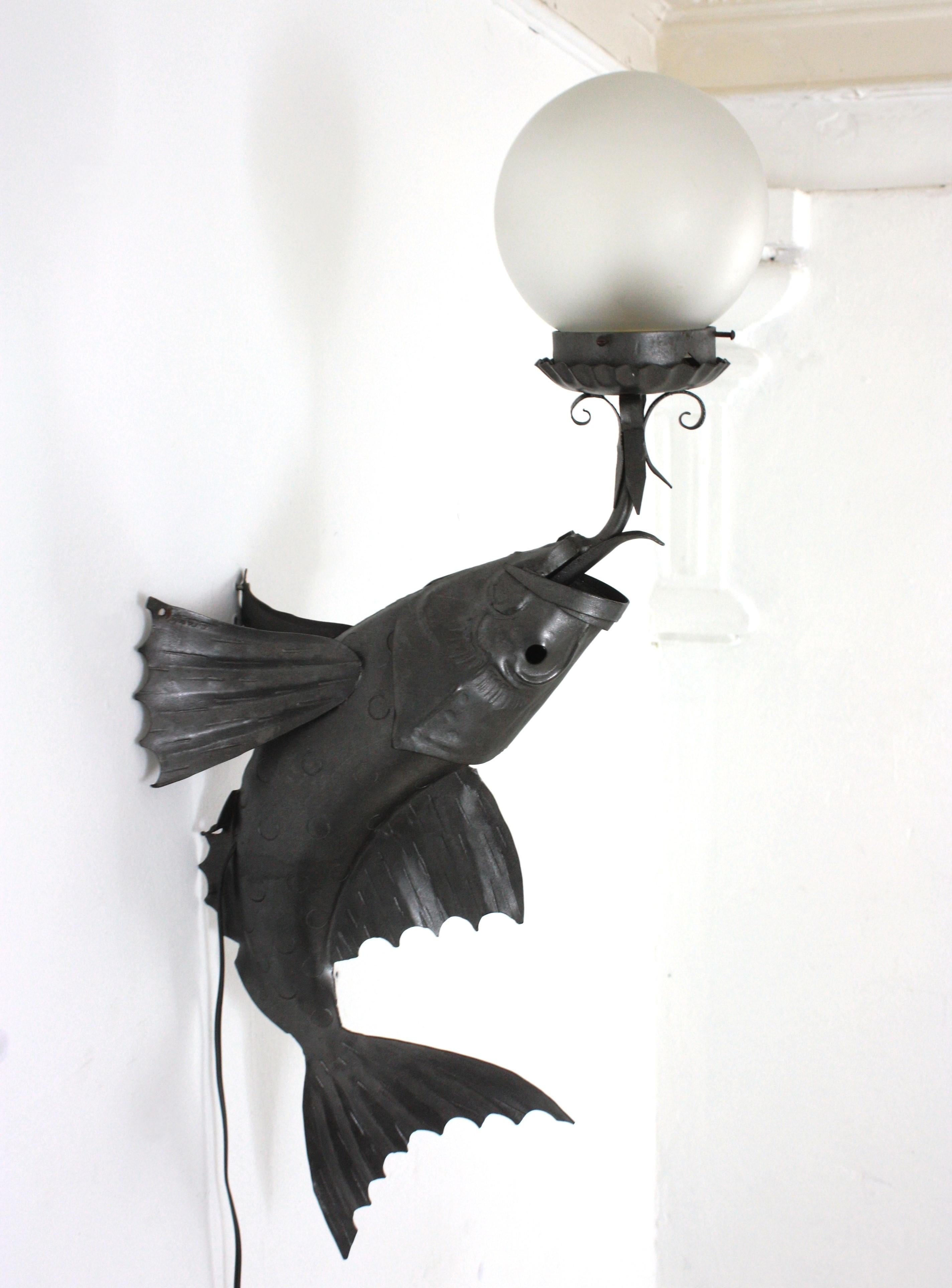 Spanish Wrought Iron Fish Wall Sconce with Frosted Glass Globe For Sale 3