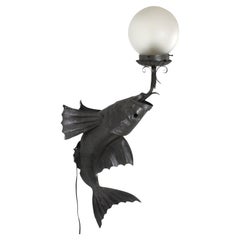 Spanish Wrought Iron Fish Wall Sconce with Frosted Glass Globe