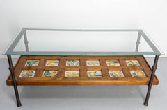 Spanish Wrought Iron Glass & Pine Coffee Table with 19thC faience circa 1960