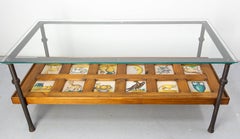 Spanish Wrought Iron Glass & Pine Coffee Table with 19thC faience circa 1960