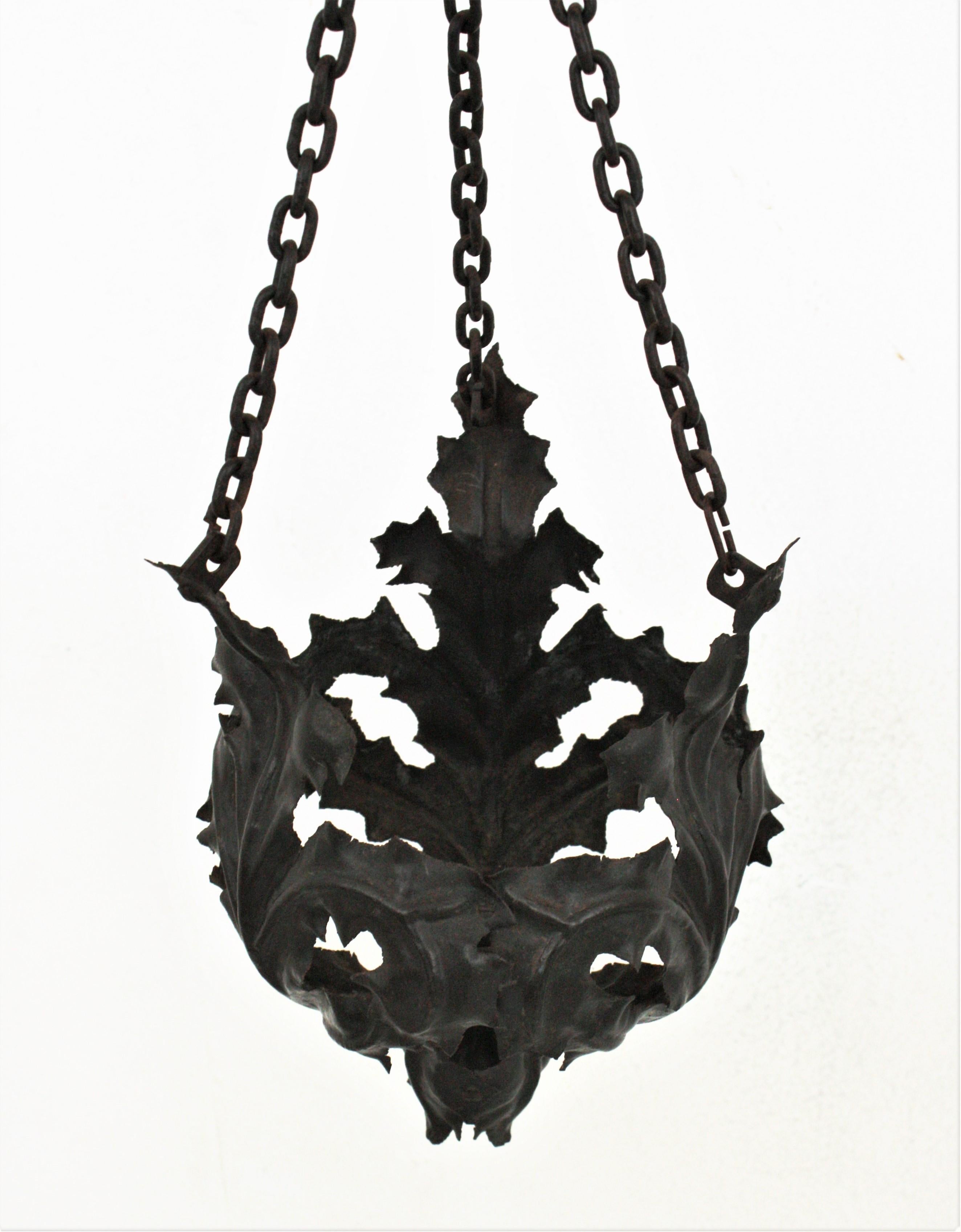 Hammered Spanish Wrought Iron Gothic Style Wall Hanging Planter with Foliage Motifs