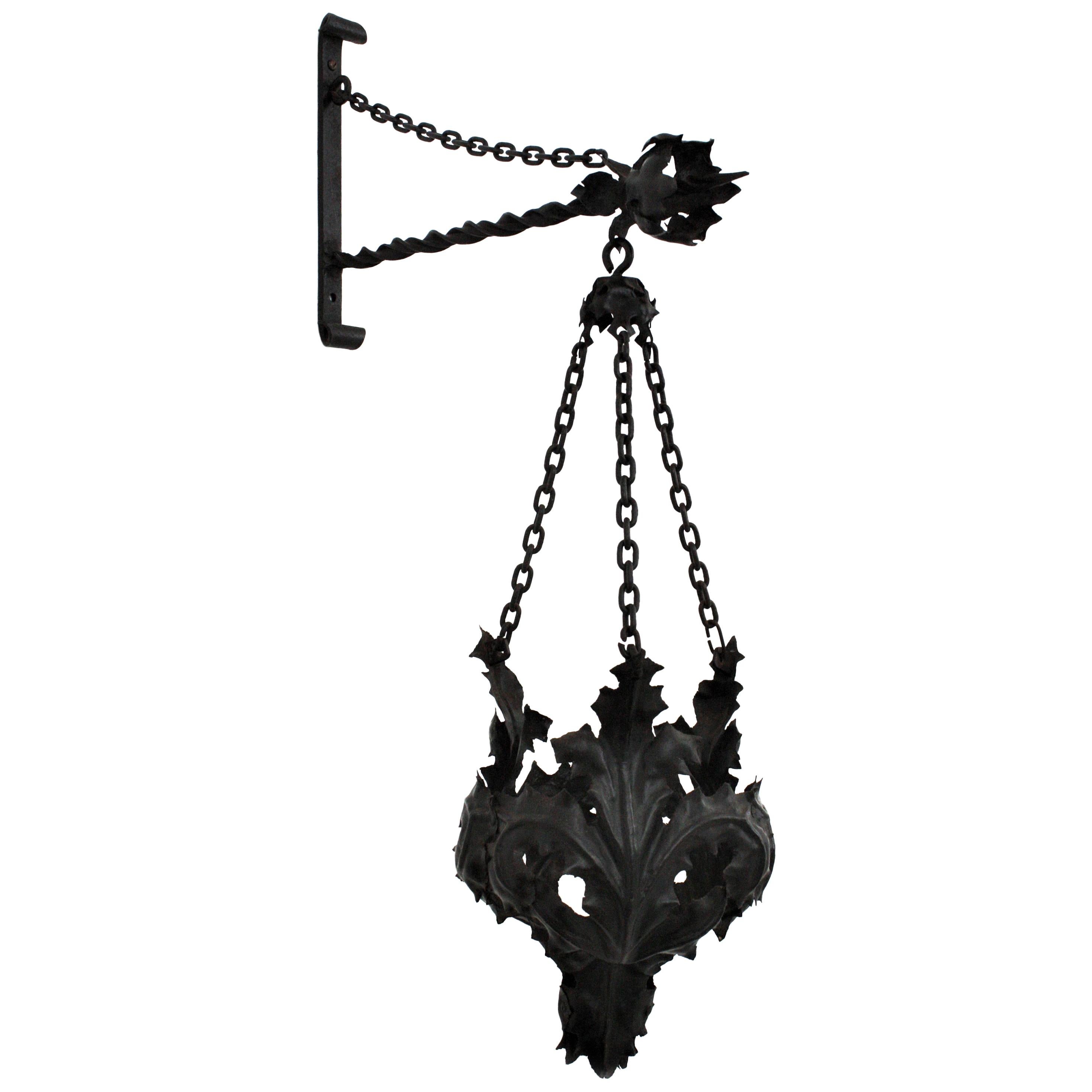 Spanish Wrought Iron Gothic Style Wall Hanging Planter with Foliage Motifs