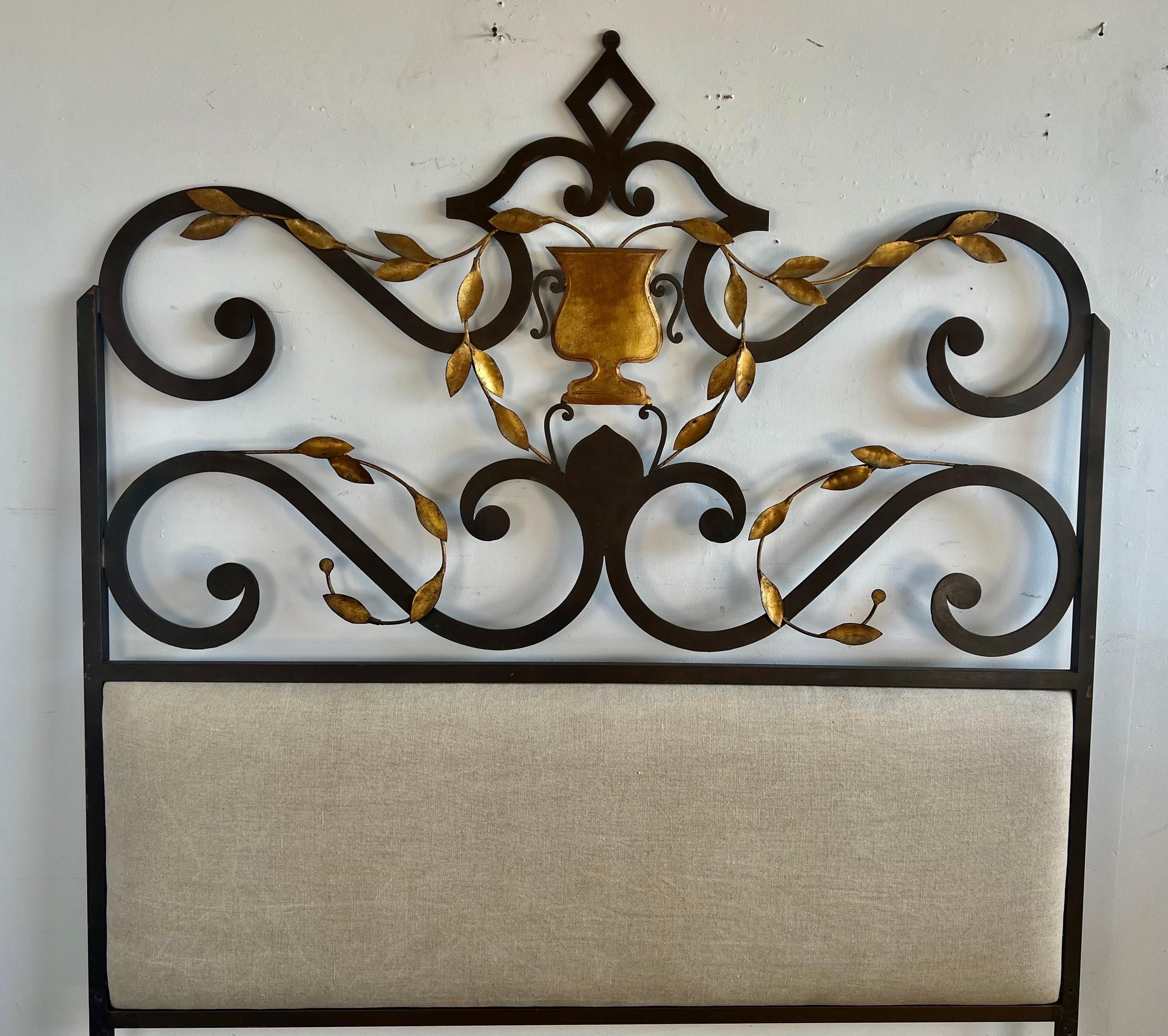 Baroque Spanish Wrought Iron Headboard with Gold Leaf Urn Center