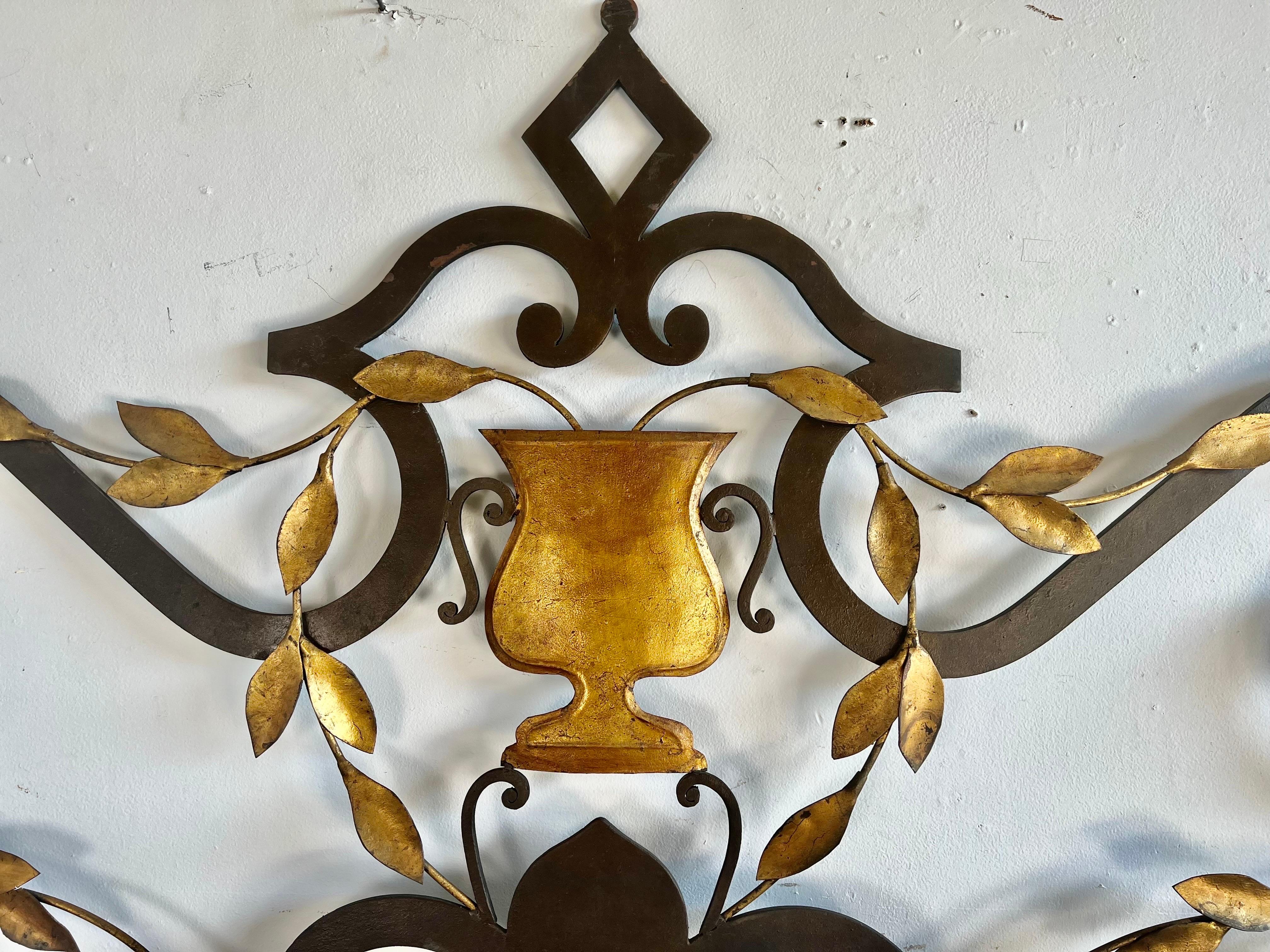 Spanish Wrought Iron Headboard with Gold Leaf Urn Center In Good Condition In Los Angeles, CA