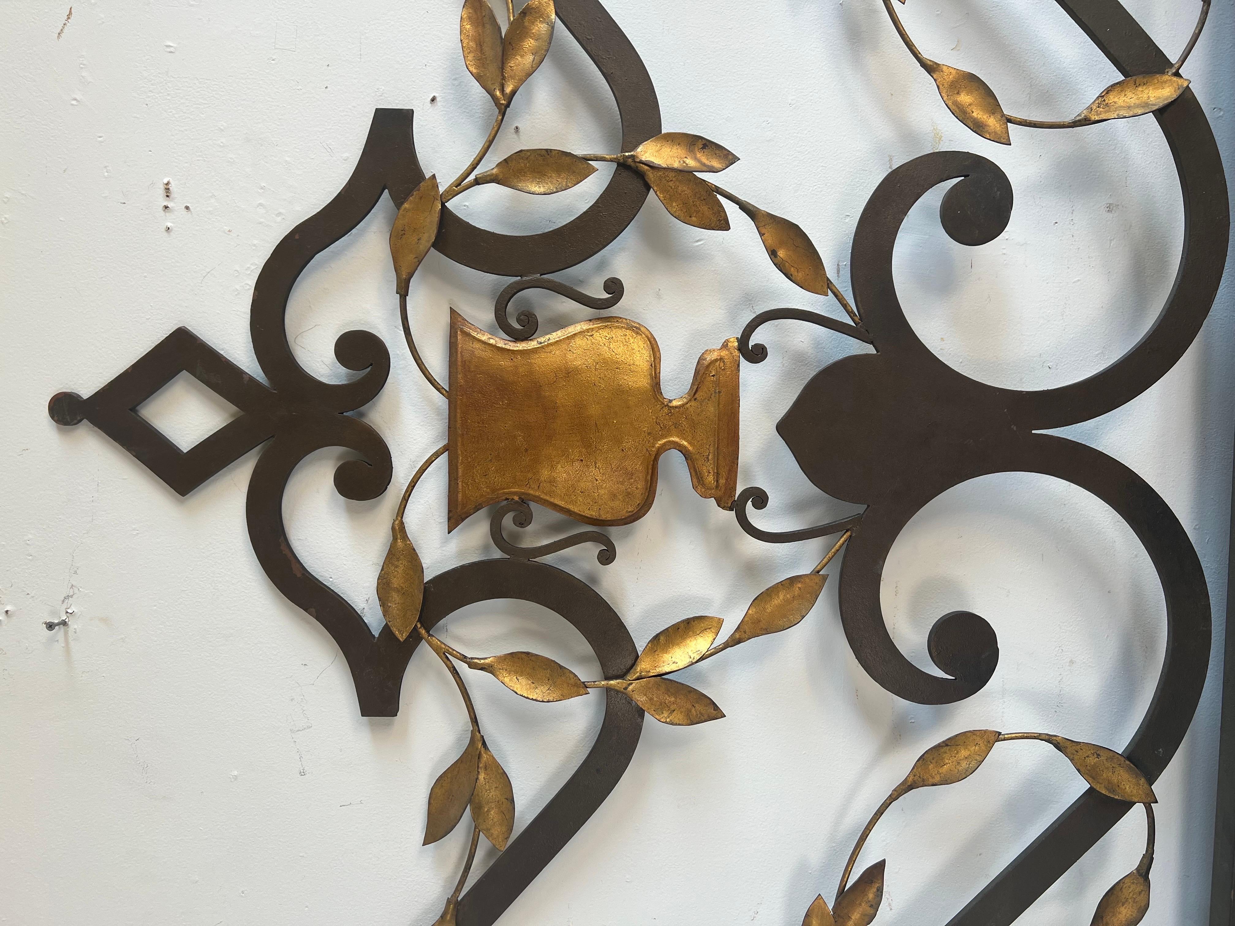 Mid-20th Century Spanish Wrought Iron Headboard with Gold Leaf Urn Center