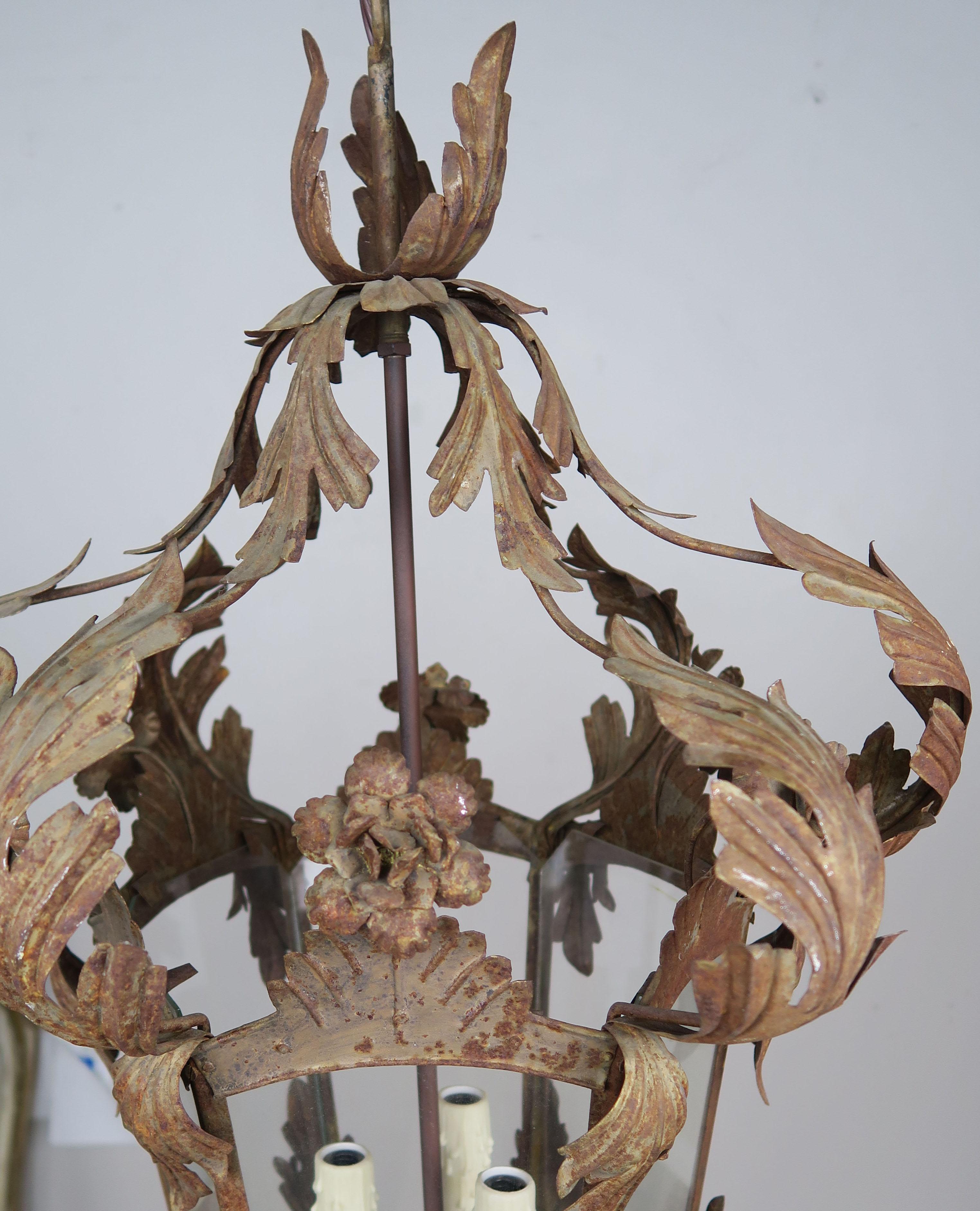 Spanish Wrought Iron Lantern, circa 1940s In Distressed Condition In Los Angeles, CA