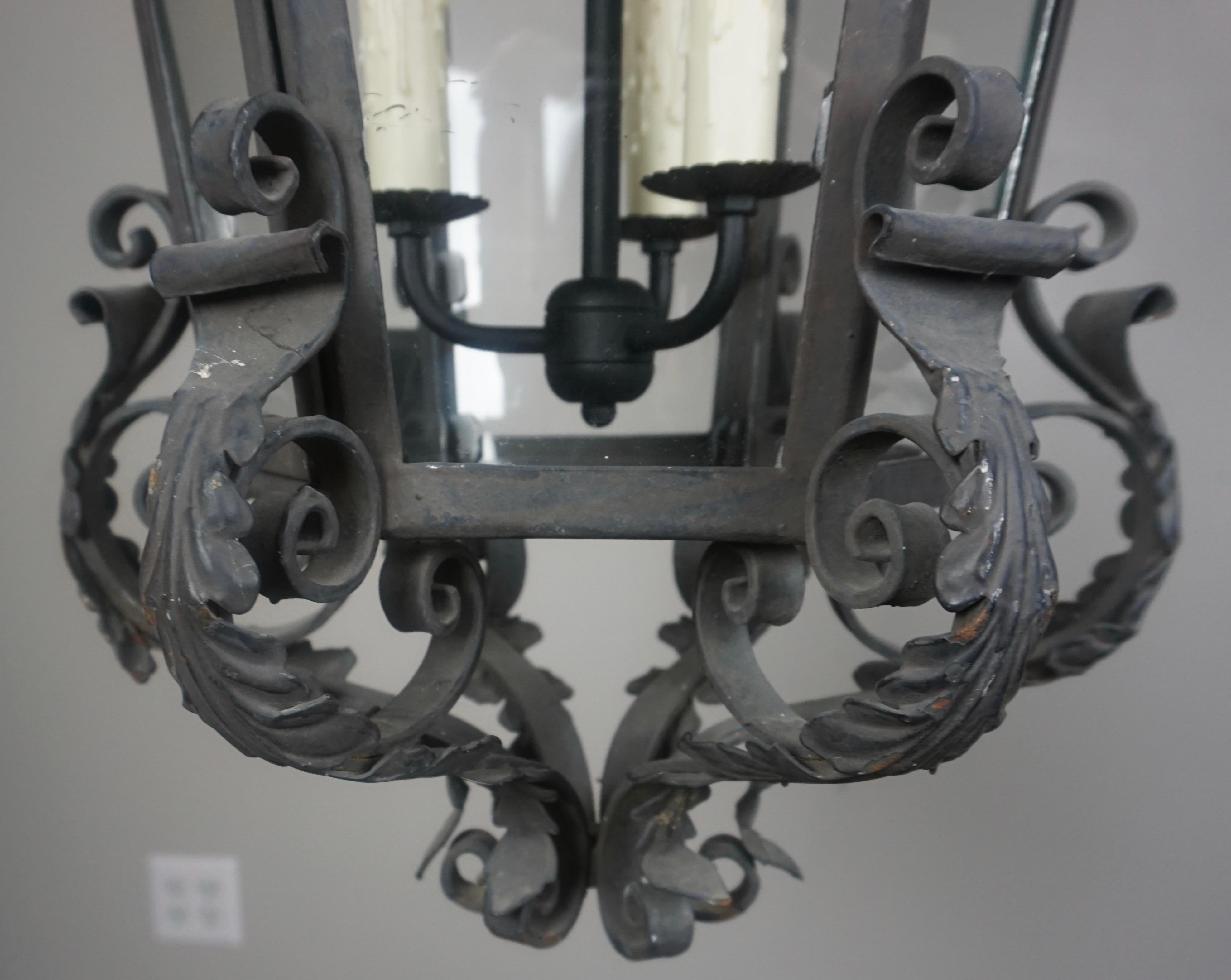 Spanish Wrought Iron Lantern w/ Flowers & Acanthus Leaves, Circa 1920's In Distressed Condition In Los Angeles, CA