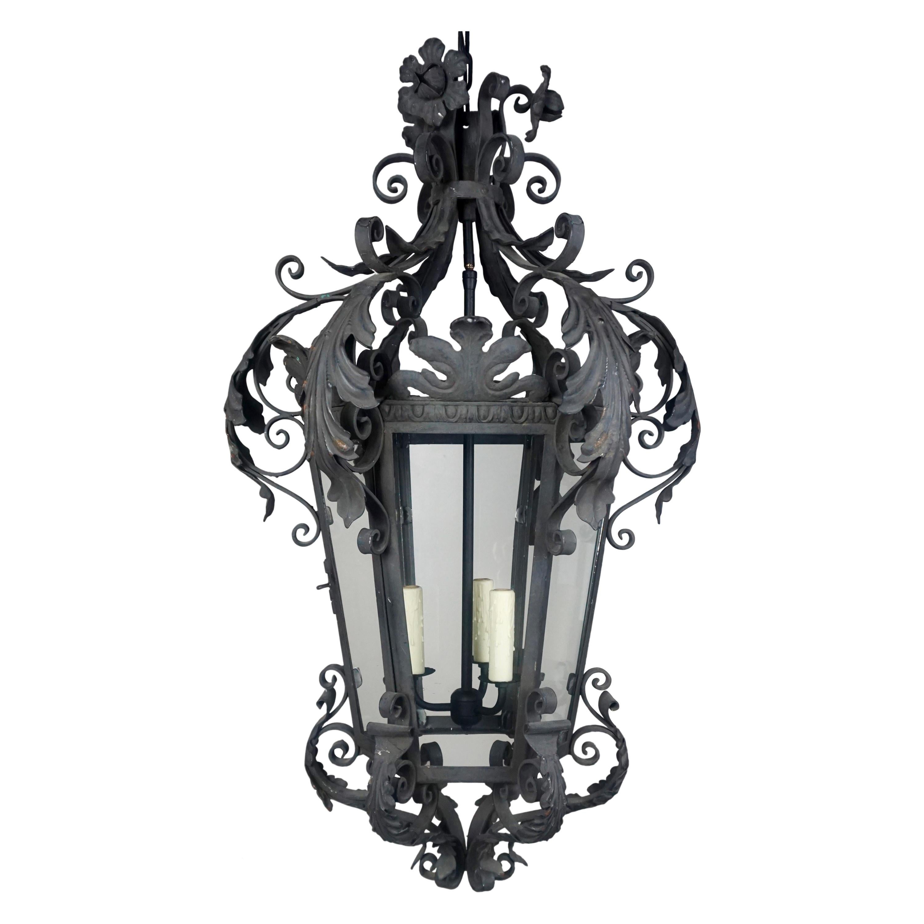 Spanish Wrought Iron Lantern w/ Flowers & Acanthus Leaves, Circa 1920's