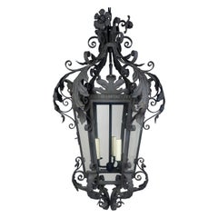 Antique Spanish Wrought Iron Lantern w/ Flowers & Acanthus Leaves, Circa 1920's