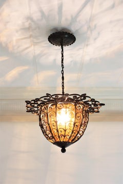 Spanish Wrought Iron Lantern Pendant Light with Hand Blown Glass Shade