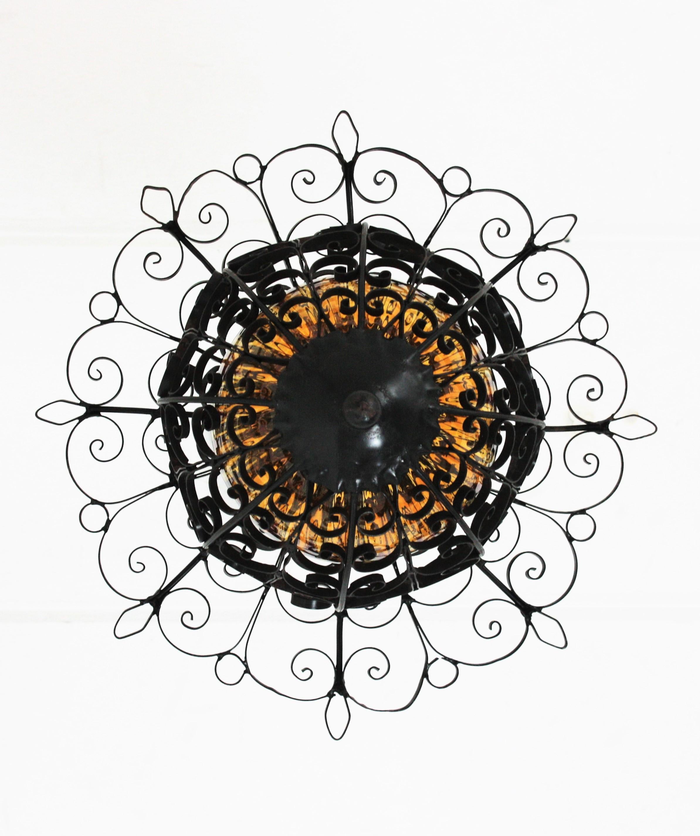 Spanish Wrought Iron Lantern Pendant Light with Hand Blown Glass Shade In Good Condition In Barcelona, ES